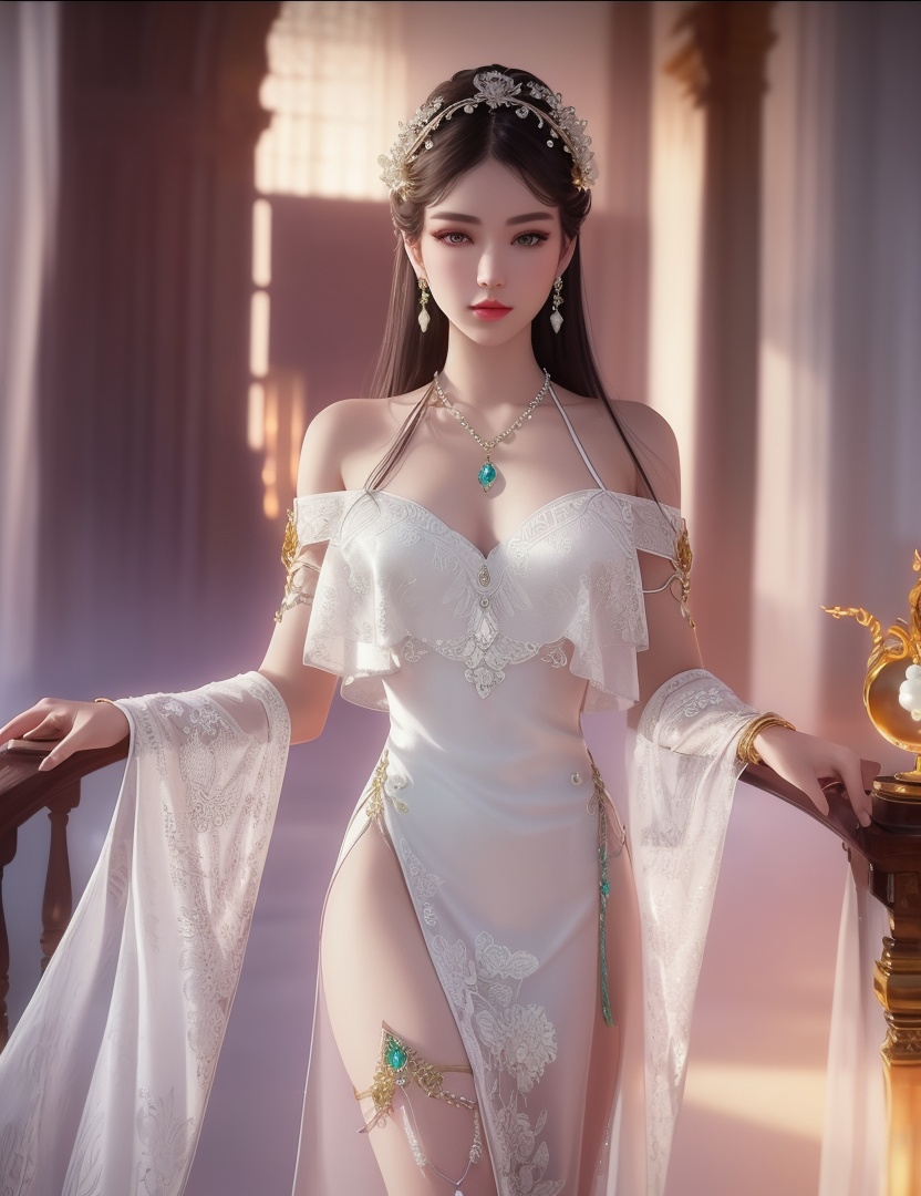 ultra realistic 8k cg, picture-perfect face, flawless, clean, masterpiece, professional artwork, famous artwork, cinematic lighting, cinematic bloom, perfect face, beautiful face, fantasy, dreamlike, unreal, science fiction,  beautiful clothes, lace, lace trim, lace-trimmed legwear,  (rich:1.4), prestige, luxury, jewelry, diamond, gold, pearl, gem, sapphire, ruby, emerald, intricate detail, delicate pattern, charming, alluring, seductive, erotic, enchanting, hair ornament, necklace, earrings, bracelet, armlet,halo((,1girl, pov,))(((,  1girl,  solo,looking at viewer, ))),(((1girl, solo, dress, white_dress, jewelry)))<lora:DA_WhiteSnakeGreenSnake:0.7>