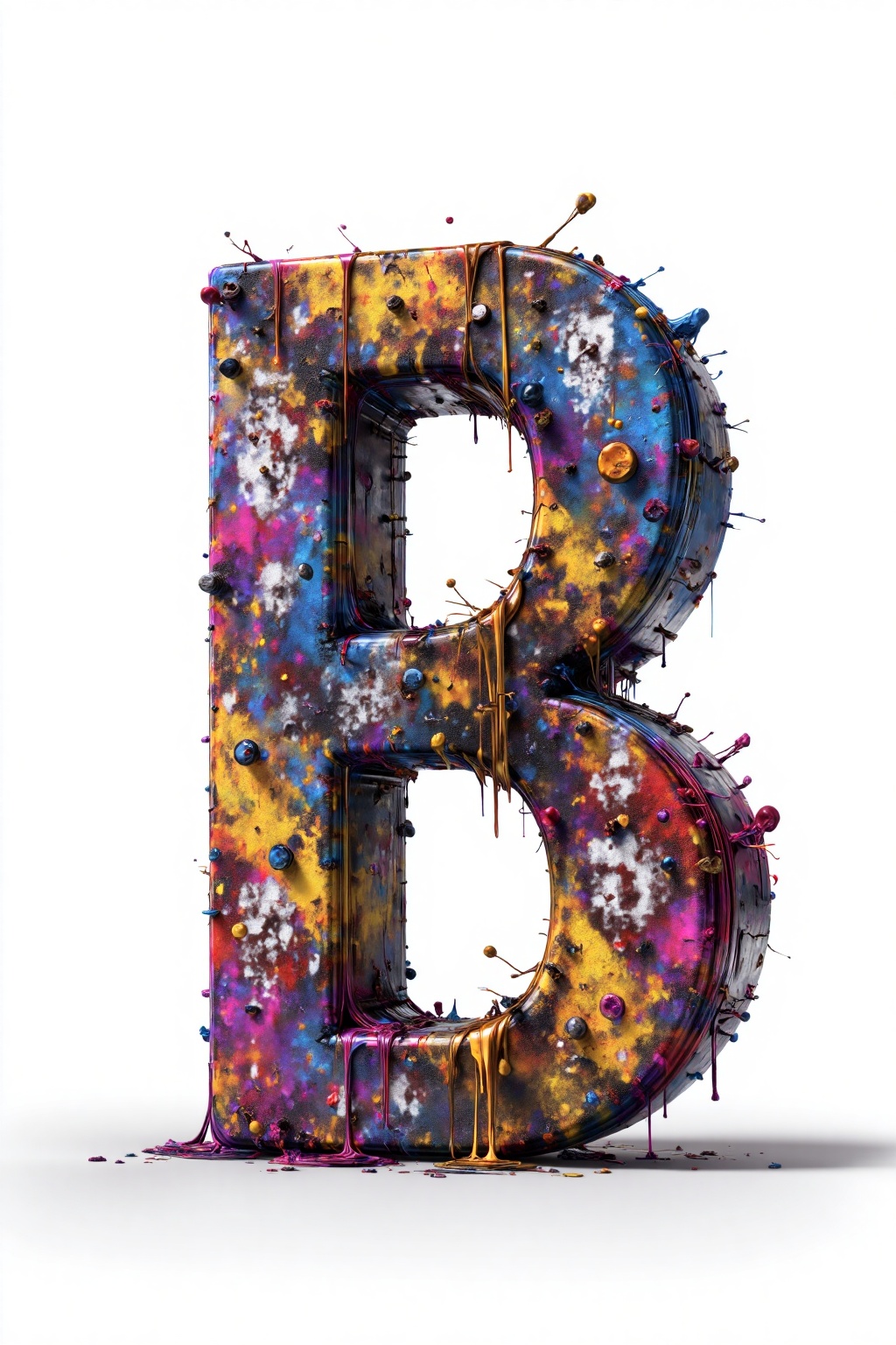 beijihui,3D icon design of letter 'B', **** of vibrant graffiti spray paint with drips, overspray texture, and bold color pops, hyperrealistic, hyperdetail, front view, studio lighting, 100mm lens, white solid background