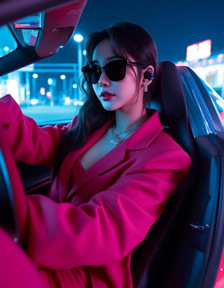 A stylish and trendy young South Korean woman sits in a sleek, low-slung sports car from the side view. She wearshigh-fashion street-style outfit with bold colors or minimalist patterns—perhaps wide-leg trousers or astructured skirt paired with an edgy oversized blazer and platform sneakers. Her face is partially obscured bydesigner aviator sunglasses, but her confident expression shines through, eyes gazing ahead as she drives.She is equipped with a wireless earpiece microphone for live performance or recording, integrated intothe scene seamlessly. The lighting emphasizes dramatic reflections off the car's metallic body and glass surfaces—shadows and highlights create an intense optical effect against the backdrop of a dynamic cityscape at night.The side angle captures her posture mid-maneuver, accentuating the curves of her body under the tight seatbelt, adding depth to the composition. Her hair is styled in soft waves or sleek buns fitting formodern urban chic. The overall aesthetic combines street style with automotive design elements—sharp lines andvibrant neon colors.Style: A cinematic concept art piece blending fashion photography, car culture imagery, and digital illustrationtechniques to showcase a strikingly glamorous performance artist on wheels during an evening drive.