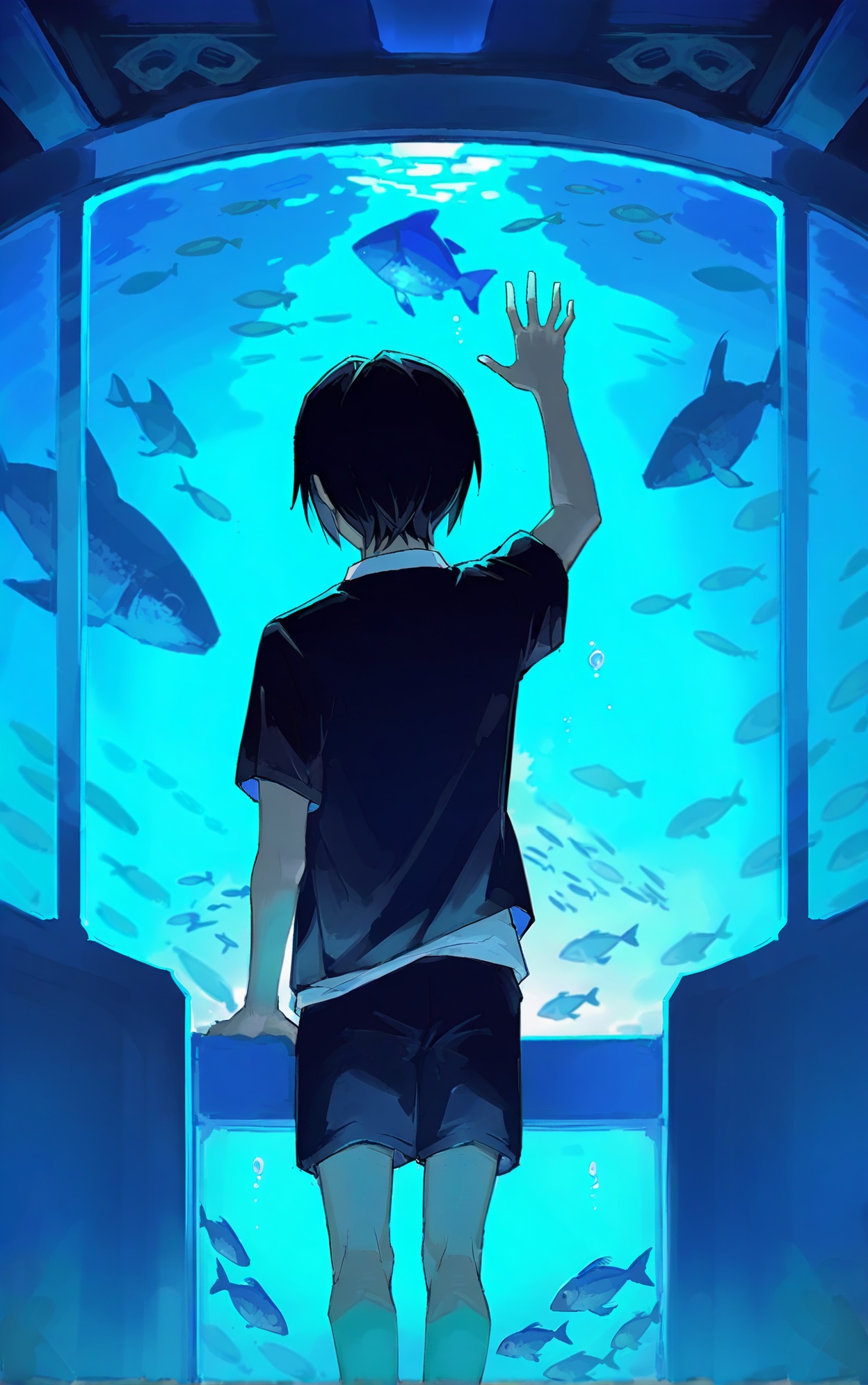 blue theme,1boy,fish,aquarium,shirt,arm up,shorts,from behind,male focus,short hair,white shirt,black hair,jacket,facing away,standing,underwater,solo,short sleeves,feet out of frame,black jacket,