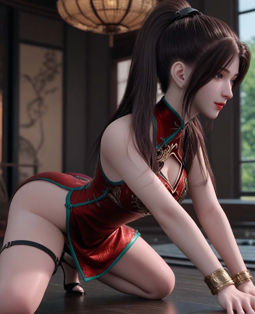 (oriental architecture, elegant decor, sophisticated style:1.1),(Bending down to tie shoelaces, showing a moment of simplicity,:1.1),(breasts:1.2),<lora:XL16龙蛇演艺唐紫尘:0.95>,miss tangzichen,red short qipao with embroidery,blue eyes,black hair,ponytail with hair over shoulder,cleavage cutout,red lips,bracelet,jewelry,thigh loops,black high-heeled sandals,, score_9,score_8_up,score_7_up,score_6_up,score_5_up,score_4_up,3d rendering,tag1,tag2, Cinematic Lighting,backlighting,