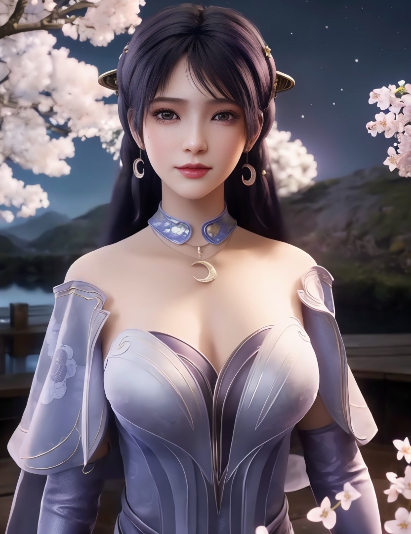 <lora:517-DA-遮天-姬紫月:0.8>(,1girl, ,best quality, ),looking at viewer,masterpiece,(( , )),, realistic,science fiction,mole,,ultra realistic 8k cg,     ,cherry blossoms,,night, night sky, crescent moon, moonlight,,(facing viewer, looking at viewer, , ),  (cleavage), (),