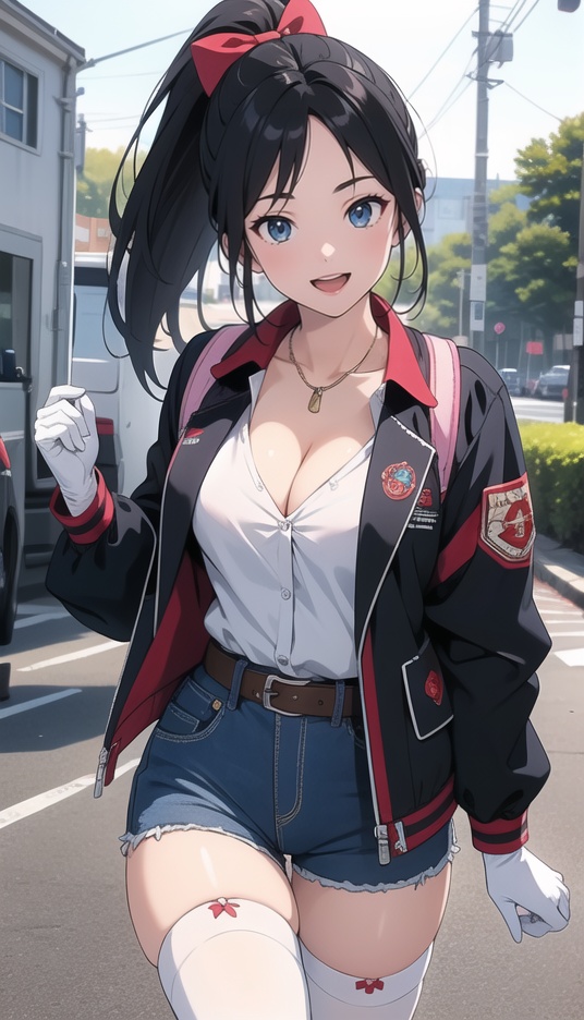 (best quality), ((masterpiece)), (highres), illustration, original, extremely detailed,1girl, solo, blue eyes, thighhighs, long hair, black hair, shorts, white thighhighs, bag, outdoors, breasts, hair ornament, open mouth, gloves, backpack, smile, hair bow, cleavage, bow, ponytail, jacket, belt, medium breasts
