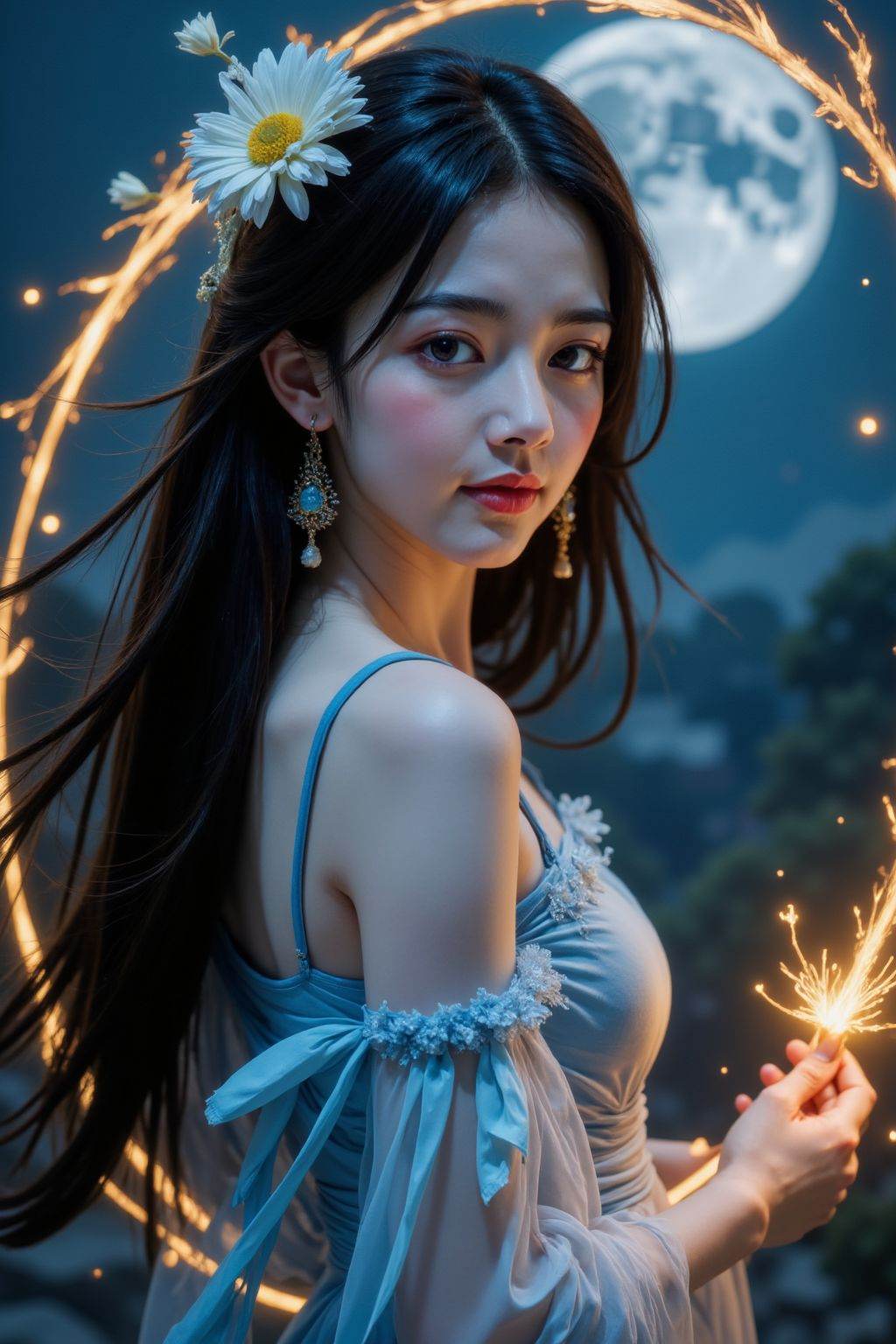 HDR photo of cinematic film still 1girl, solo, long hair, looking at viewer, black hair, hair ornament, dress, jewelry, upper body, flower, earrings, hair flower, from side, petals, night, blue dress, moon, full moon, realistic, ring of fire, . shallow depth of field, vignette, highly detailed, high budget, bokeh, cinemascope, moody, epic, gorgeous, film grain, grainy . High dynamic range, vivid, rich details, clear shadows and highlights, realistic, intense, enhanced contrast, highly detailed