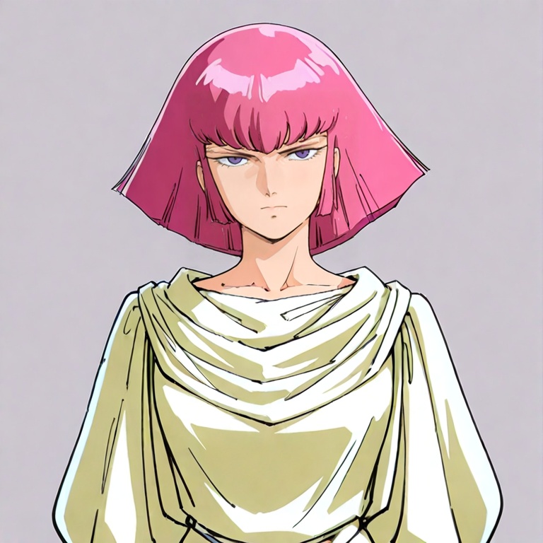 masterpiece, best quality,solo,(grey background:1.2),simple background,1girl,looking at viewer,  Haman Karn,Z_GUNDAM_STYLE,pink hair,short hair,purple eyes,bangs,<lora:UC0087-0088-哈曼-ill:0.8>