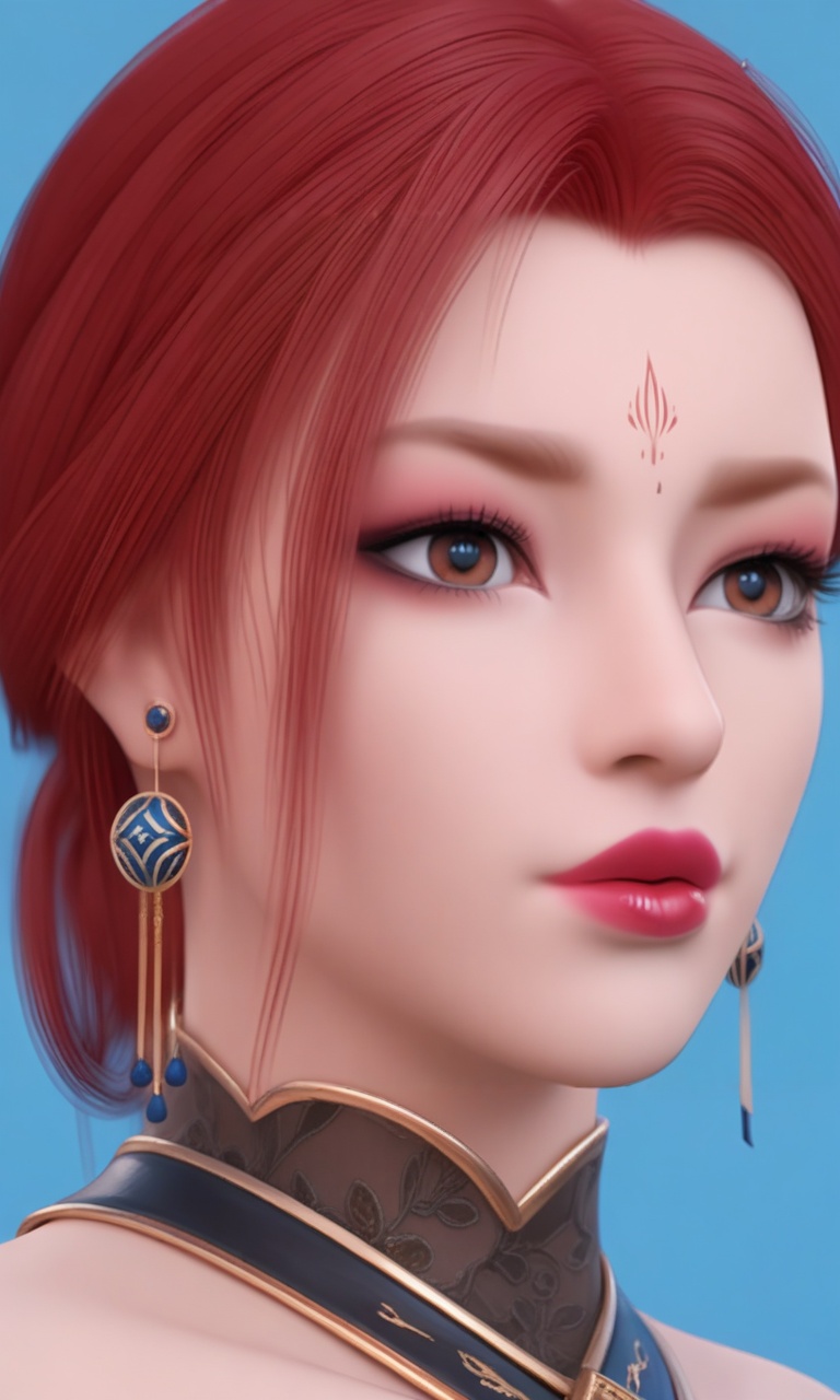 depth of field,masterpiece,best quality,very aesthetic,2024,2023,perfect composition,ultra-detailed,extreme aesthetic,(quasarcake:0.7),masterpiece,best quality,good quality,newest,year 2024,year 2023,very aesthetic,absurdres,looking_at_viewer,colorful,<lora:雅菲pony-000010:0.7>,yafei,1girl,solo,earrings,jewelry,red hair,forehead mark,portrait,facial mark,lips,brown eyes,makeup,blue background,red lips,