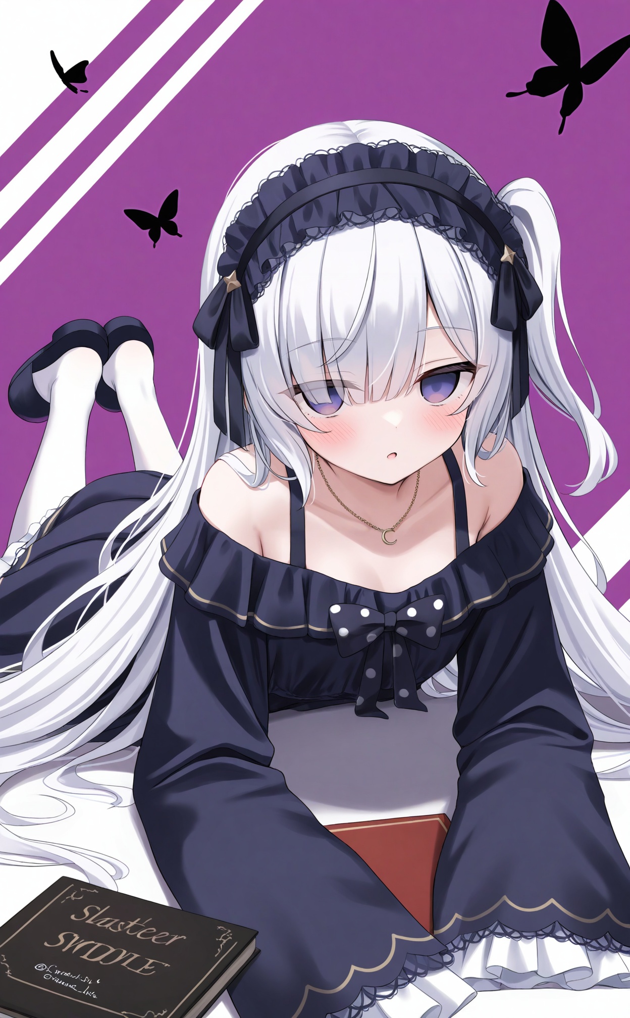 masterpiece,absurdres,best quality,loli,petite,high quality,chromatic_aberration,//,natsume_an-an,1girl,bug,butterfly,purple_eyes,dress,lying,solo,long_hair,on_stomach,black_dress,necklace,sleeves_past_wrists,sleeves_past_fingers,jewelry,virtual_youtuber,bow,empty_eyes,lolita_fashion,gothic_lolita,book,pantyhose,eyes_visible_through_hair,hairband,grey_hair,frills,black_background,twitter_username,looking_at_viewer,breasts,one_side_up,long_sleeves,frilled_dress,parted_lips,hair_over_one_eye,small_breasts,official_alternate_costume,off-shoulder_dress,black_hairband,black_bow,off_shoulder,the_pose,two-tone_background,hair_bow,slippers,white_pantyhose,white_hair,purple_background,open_mouth,very_long_hair,blush,very_long_sleeves,polka_dot,//,//,<lora:natsume_an-an——【noob】hans:0.5>,<lora:guizhencao2——【noob】hans:0.5>,