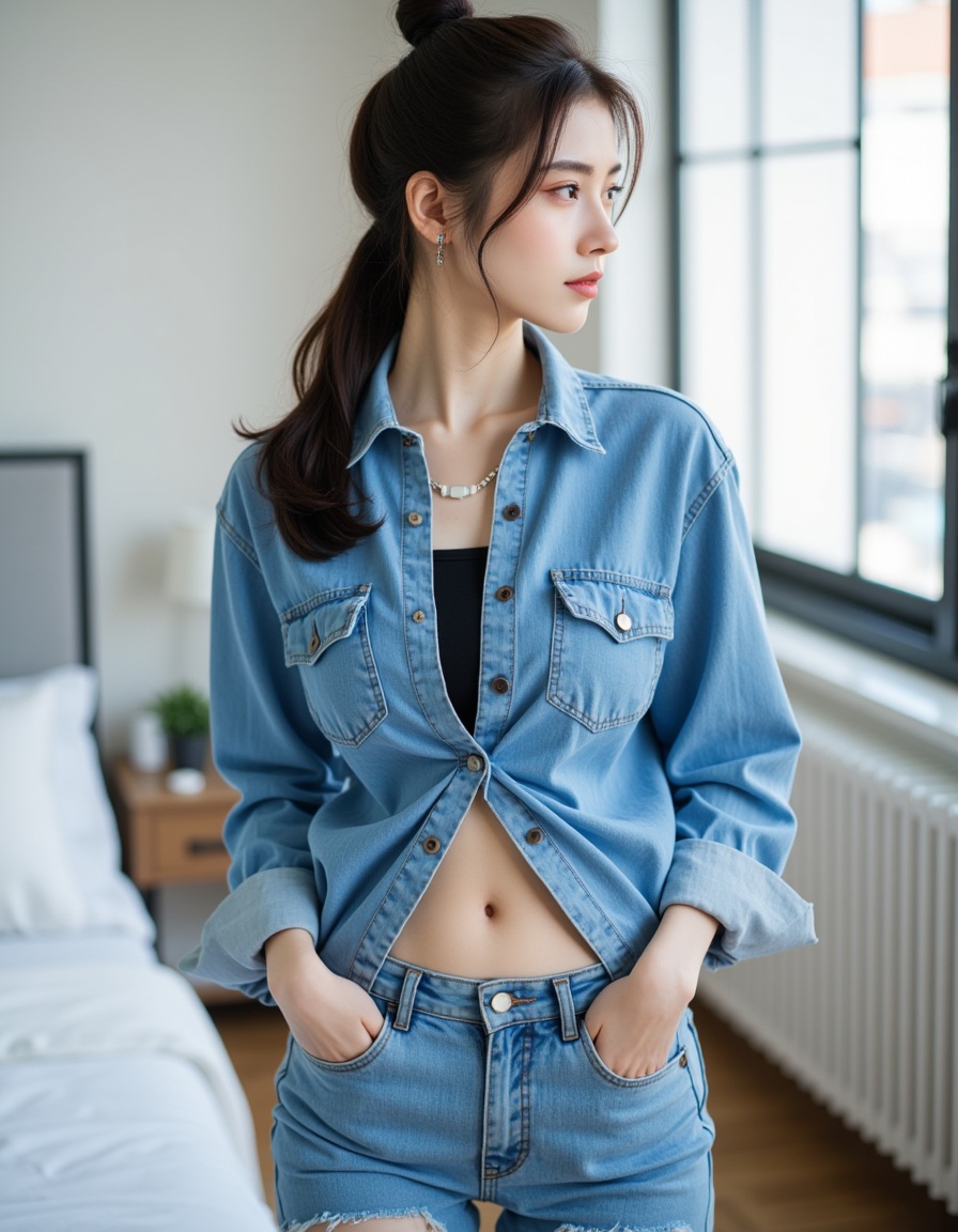 a real picture of a south korea woman,she wears sexy denim micro shirt\(topknot\),hot_pants_\(sbr\),
