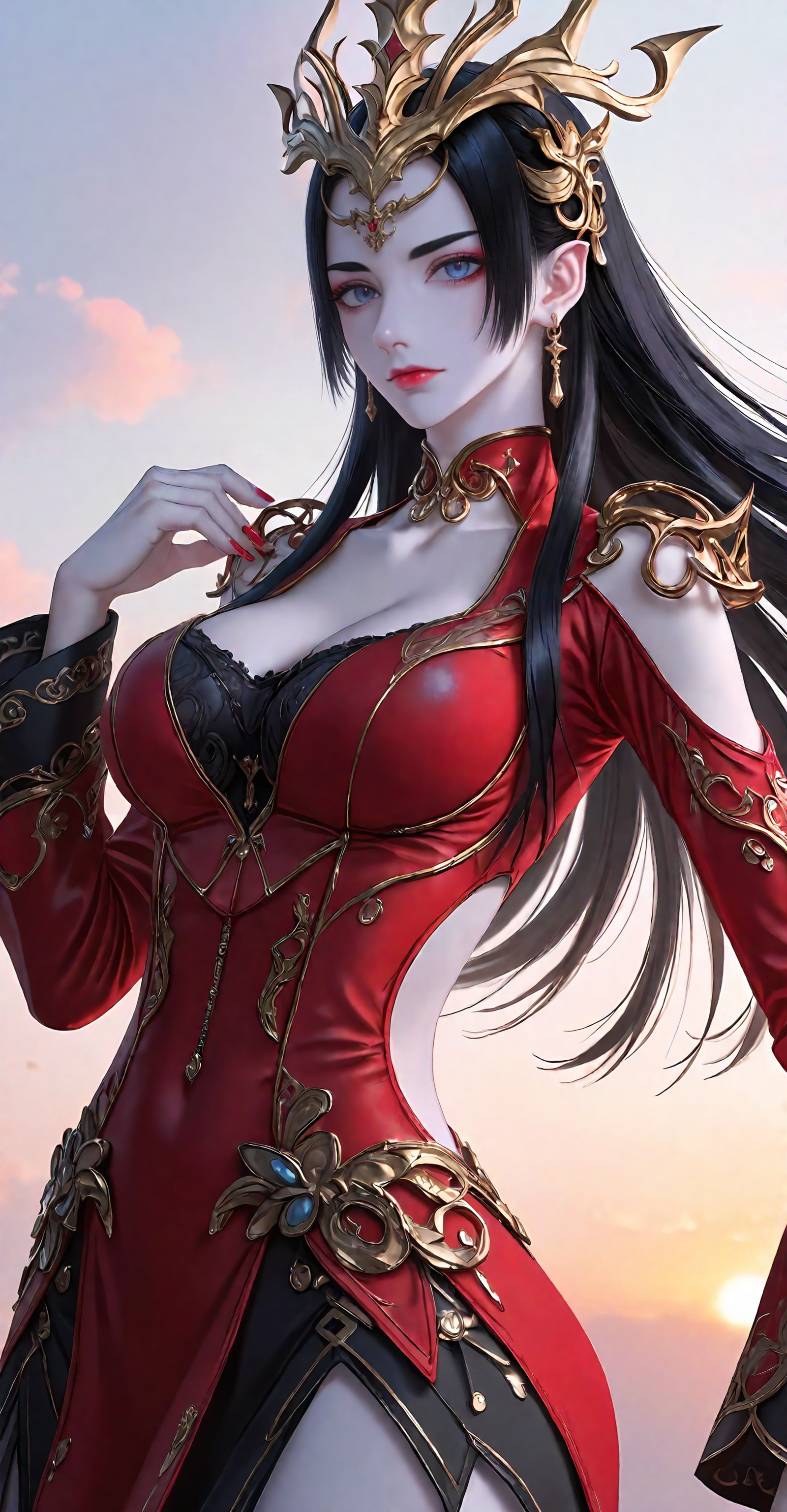 <lora:美杜莎ill-0.0798:0.8>,meidusha,1girl,jewelry,solo,earrings,black hair,breasts,long hair,blue eyes,clothing cutout,red dress,hair ornament,dress,looking at viewer,red nails,closed mouth,cleavage,crown,white_background,close-up details,outstanding style,adding a touch of dimension to your images without compromising details,whirls of vapor,iridescent textures,(Anime:1.1),ethereal ambiance,delicate details,magical high-concept,32K UHD,sharp focus,best-quality,masterpiece,golden hour,unconventional supreme masterpiece,masterful details,temperate atmosphere,with a high-end texture,in the style of fashion photography,photography,cover,dynamic angle,dynamic posture,(artist:quasarcake:0.8),extreme aesthetic,(wlop:0.6),(honjou raita, lack, rella:0.5, wanke),masterpiece,best quality,good quality,very aesthetic,absurdres,visual impact,a shot with tension,ultra-high resolution,32K UHD,sharp focus,best-quality,masterpiece,emotionalization,unconventional supreme masterpiece,masterful details,temperate atmosphere,with a high-end texture,in the style of fashion photography,(visual impact:1.2),giving the poster a dynamic and visually striking appearance,impactful picture,official art,colorful,splash of color,movie perspective,masterpiece,best quality,amazing quality,very aesthetic,absurdres,best quality,newest,