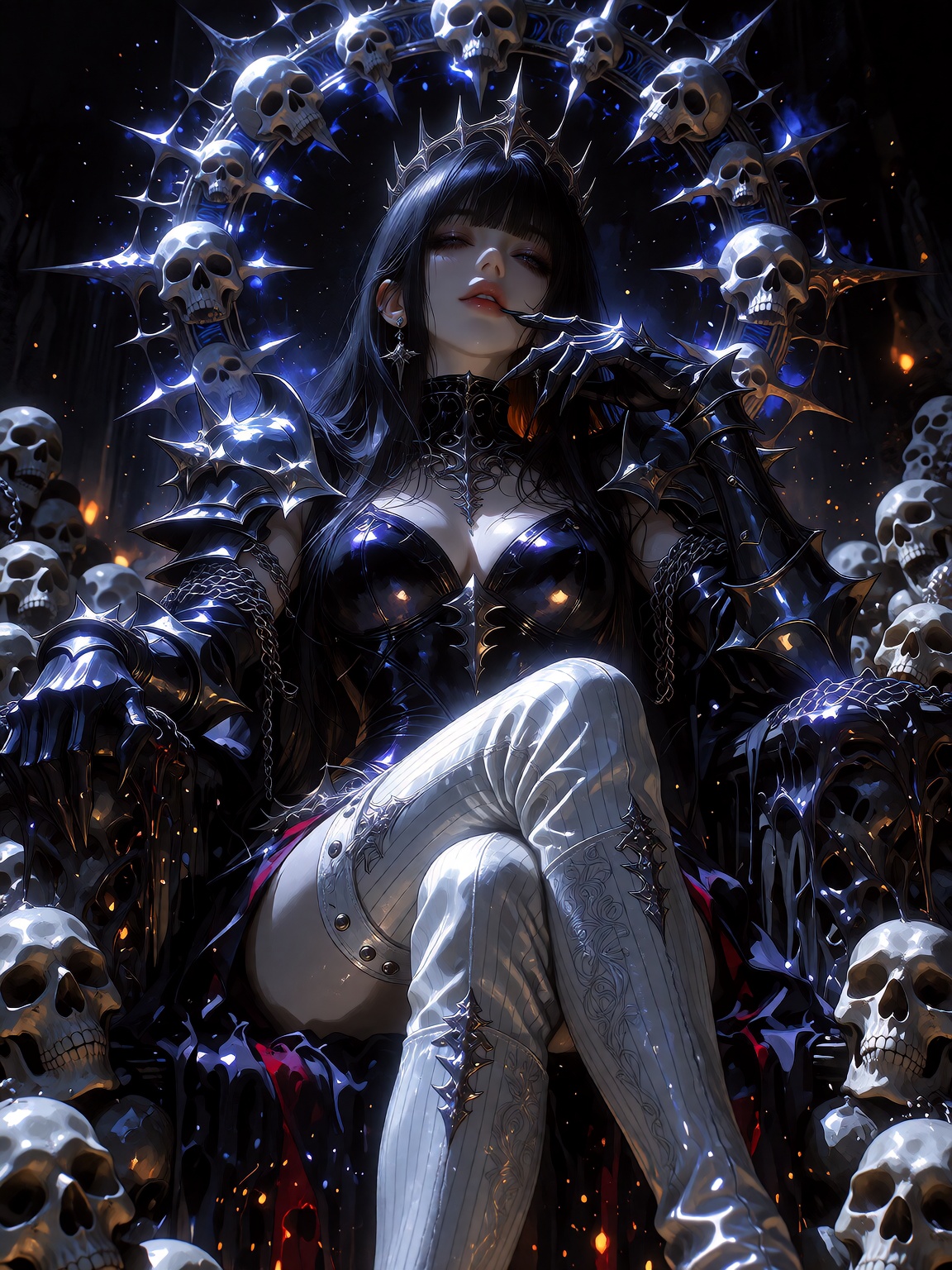 一幅日系动漫风格的暗黑魔幻厚涂插画,  笔触细腻带有金属高光质感。画面采用微仰视构图,  一位妖艳的女性魔君端坐于由无数骷髅堆叠而成的王座上 on Tensor.Art