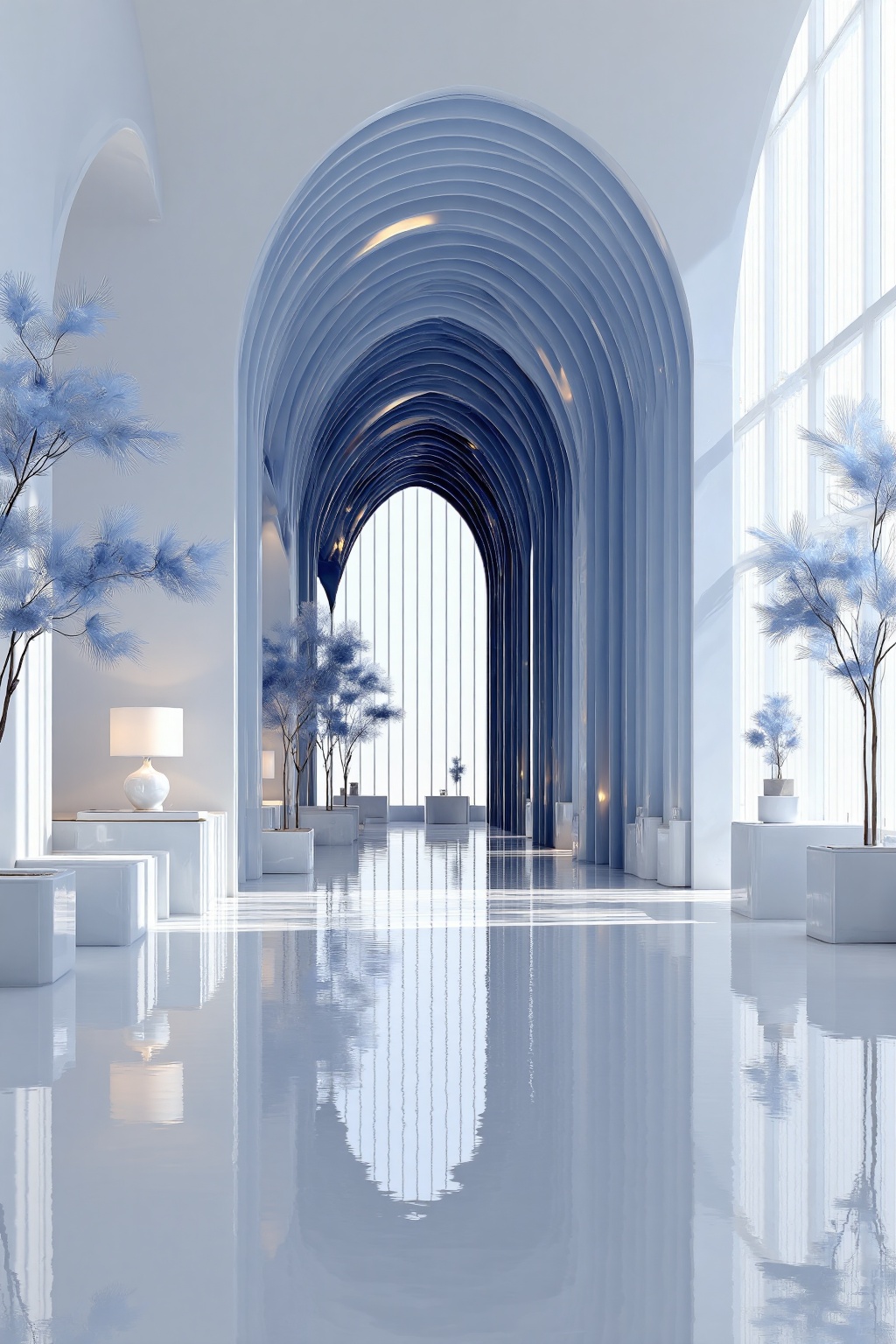 beijihui,Captured at eye-level on a low-angle perspective, the interior of a modern building is adorned with a blue arched ceiling. The floor is glossy and reflective, creating a stark contrast to the white walls and floor. The arches are adorned with delicate white flowers, adding a touch of nature to the scene. To the right of the arches, a white table with a lamp on top is positioned on the left side of the frame. The lamp is positioned in the middle of the room, adding depth to the overall composition.