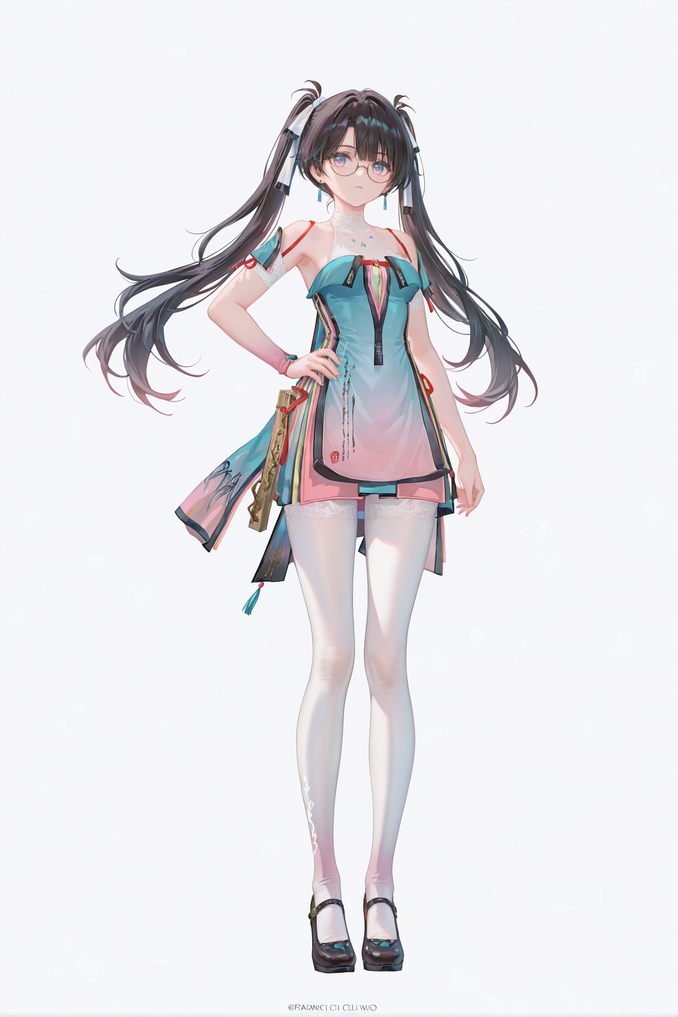 8k,best quality,masterpiece,(ultra-detailed),(high detailed skin),((artist:reoen),(artist:fuzichoco),(artist:atdan),(artist:torino_aqua),year 2024:0.8)1girl,[artist:wlop],[artist:ningen_mame],artist:ciloranko,[[artist:rhasta]],artist:tidsean,colorful,full body,full shot,standing,(solo:1.2),simple background,(white background:1.2),hand on own hip,(white background:1.1),<lora:zhezhi-noob-Tanger:0.8>,zhezhi,default clothes,white pantyhose,1girl,long hair,black hair,glasses,twintails,dress,black footwear,