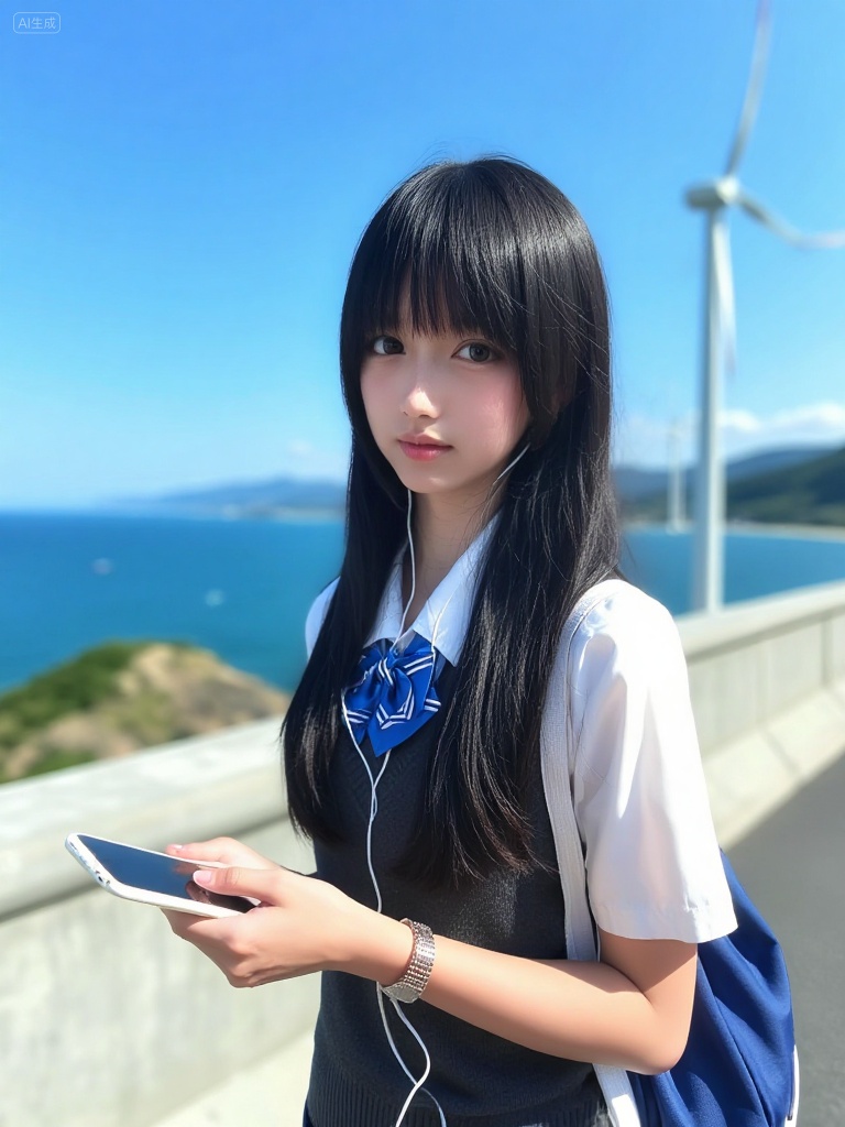 The image is a photograph of a young woman standing on a coastal road with a clear blue sky and expansive ocean in the background. She has long, straight black hair with bangs partially covering her forehead and is wearing a white and blue school uniform with a dark grey vest. Her uniform includes a white short-sleeved shirt and a blue tie with a white bow. She is holding a white smartphone in her right hand and has white earphones plugged into her ears. A blue and white backpack is slung over her left shoulder. Her skin is fair, and she has a subtle, neutral expression on her face. The road she stands on is bordered by a white concrete barrier, and in the background, there are several white wind turbines visible, standing tall against the blue sky. The ocean is a vibrant blue, with gentle waves visible. The sunlight casts soft shadows, suggesting it is either morning or late afternoon. The overall scene conveys a sense of calm and modernity, with the juxtaposition of traditional school attire and modern technology against a natural coastal landscape., Steps: 30, Sampler: Euler, CFG scale: 3.5, Seed: 2423310891, Size: 768x1024, Model hash: 8cba4f1ef47d492f78b9e47e4845ff6c1a1946b5f2ed870218a11d7640035ff1, Model: flux1-dev-fp8.safetensors, Denoising strength: 0, RNG: CPU, Lora 1: rxjk.safetensors, Lora Hash 1: b576a2f987944d90ce907fe8c5864263e22f96d214c64f77b41607e3cfbb009c, Lora Weight 1: 0.85, vae_name: automatic