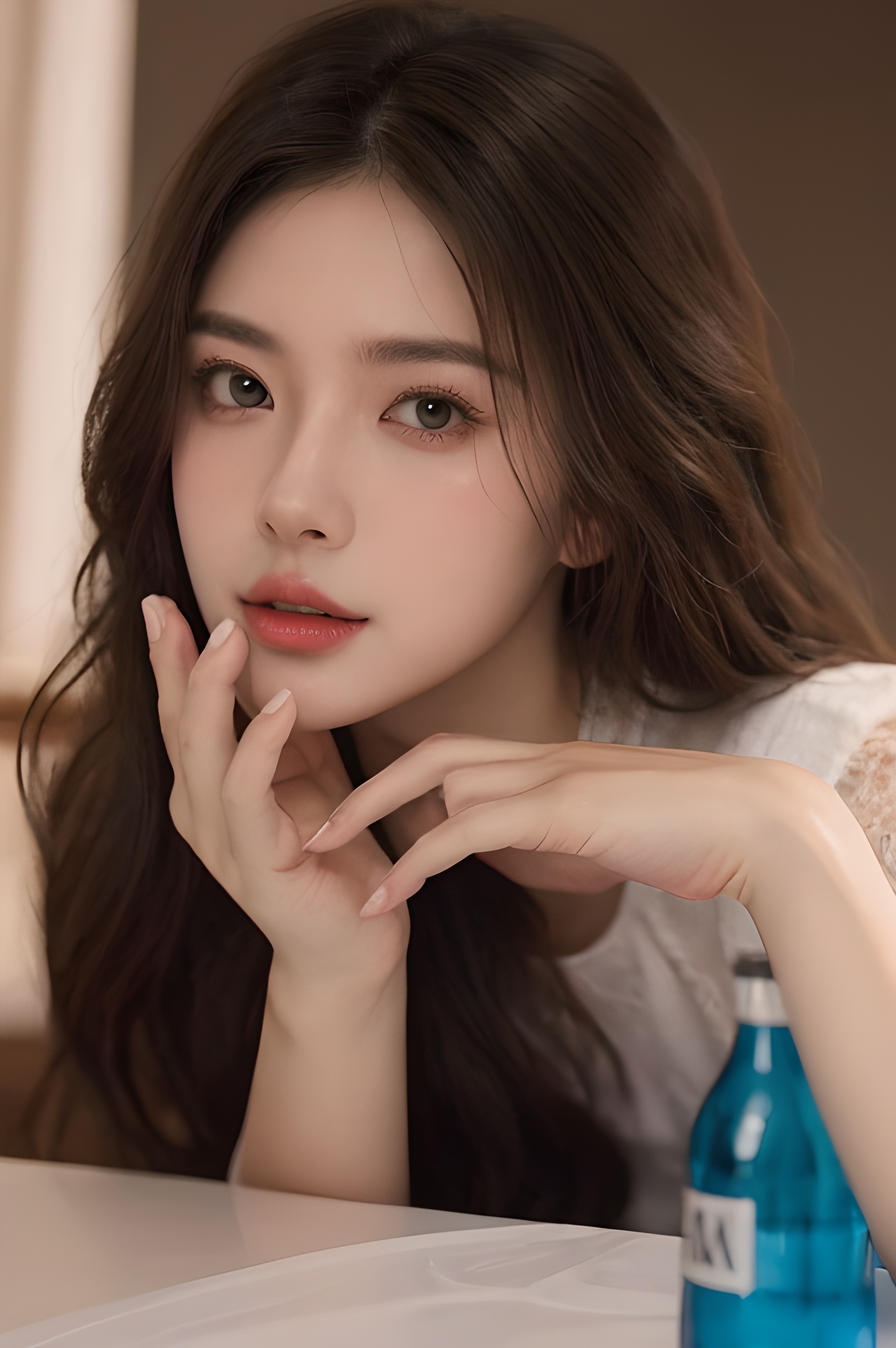 sdmai, fanhua, 1girl, solo, long hair, blurry, looking at viewer, brown eyes, brown hair, bottle, depth of field, parted lips, lips, cup, realistic, drinking glass <lora:绿霞仙子:0.6>masterpiece,high quality,best quality),(colorful),(delicate eyes and face),volumatic light,ray tracing,extremely detailed CG unity 8k wallpaper,realistic,