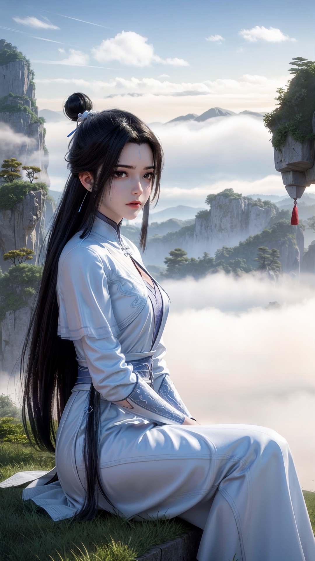 <lora:add_detail细节增加:0.7>,<lora:MHB:0.3>,1girl,solo,tassel,long sleeves,chinese clothes,outdoors,long hair,black hair,sky,day,jewelry,earrings,hair ornament,blue sky,hair bun,half updo,cloud,mountain,cloudy sky,single hair bun,very long hair,forehead mark,facial mark,black eyes,hair stick,fog,floating island,architecture,cliff,long_legs,(looking_at_viewer:1.2),sitting,thin,<lora:luxueqi:0.65>,solo_focus,