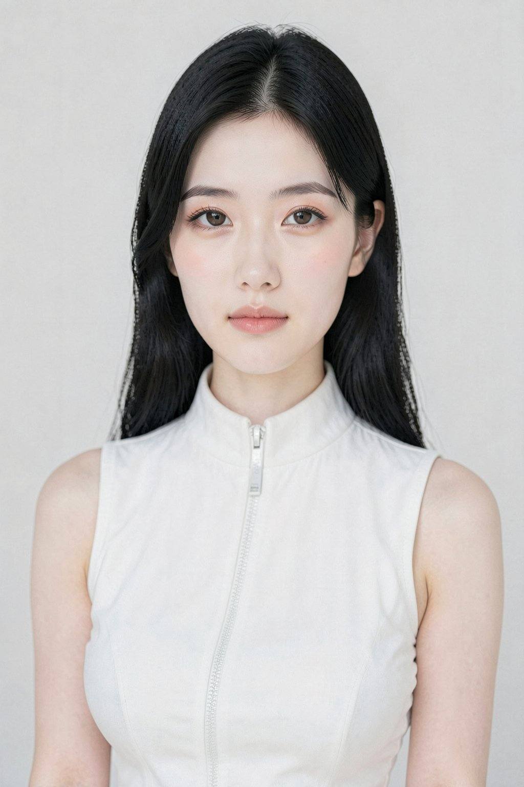 This is a photograph of an East Asian woman with fair skin, straight black hair, and a slender physique. She has a round face, almond-shaped brown eyes, and full lips. She wears a sleeveless white top with a high collar and a zipper detail. Her makeup is subtle, with a natural look. The background is a plain, light grey. The overall image has a soft, professional quality, focusing on her serene expression and elegant appearance.