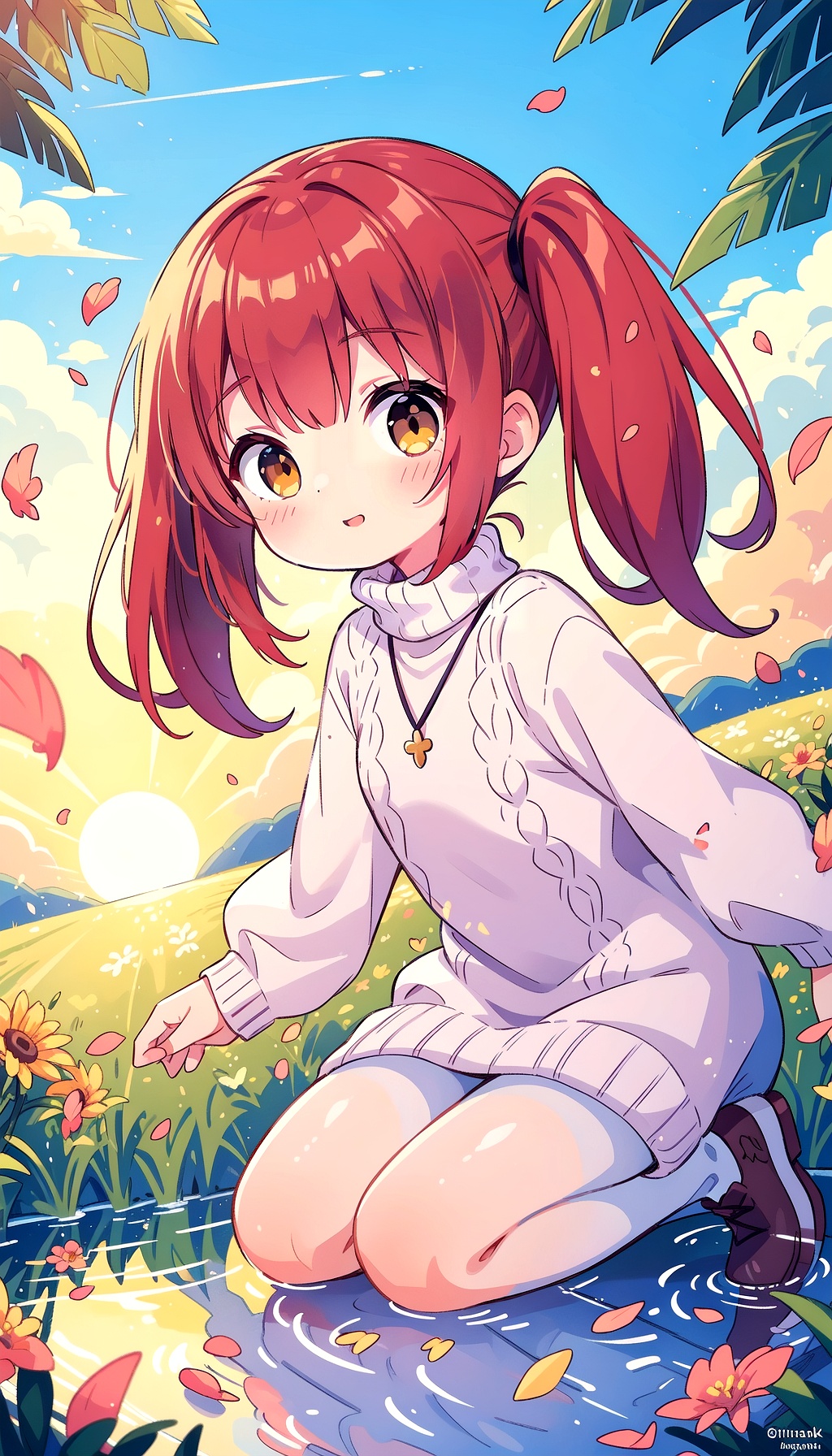 (masterpiece, best quality, ultra-detailed, highres),perfect face,sidelighting,lustrous skin,(bloom),(shine),lighting,ray tracing,outdoor,depth_of_field,very detailed background,highly detailed background,Masterpiece,Ultra detailed,great composition,Dynamic angle,[Bottle bottom],(wide shot),extremely delicate and beautiful,(Highest picture quality),(Master's work),(Detailed eyes description),(Detailed face description),(fantasy),depth of field,solo,Beautiful girl,extreme light and shadow,masterpiece,rich in detail,(fine features),(highest quality),(masterpiece),(beautiful) detailed girl,(straight-on),full body,(flower field:1.1),flower petals falling,(summer:1.2),happy,smile,(extremely detailed CG unity 8k wallpaper),(masterpiece),(best quality),(ultra-detailed),(best illustration),(best shadow),seductive,sunset,sunshine,sun,perfect lighting,perfect anatomy,shy,date,beautiful,1girl,solo,red hair,twintails,very long hair,yellow eyes,turtleneck sweater,pantyhose,sweater dress,parted lips,blush,looking at viewer,white sweater,((extremely glossy)),((glossy skin)),((soft reflective skin)),((reflections)),wide shot,
