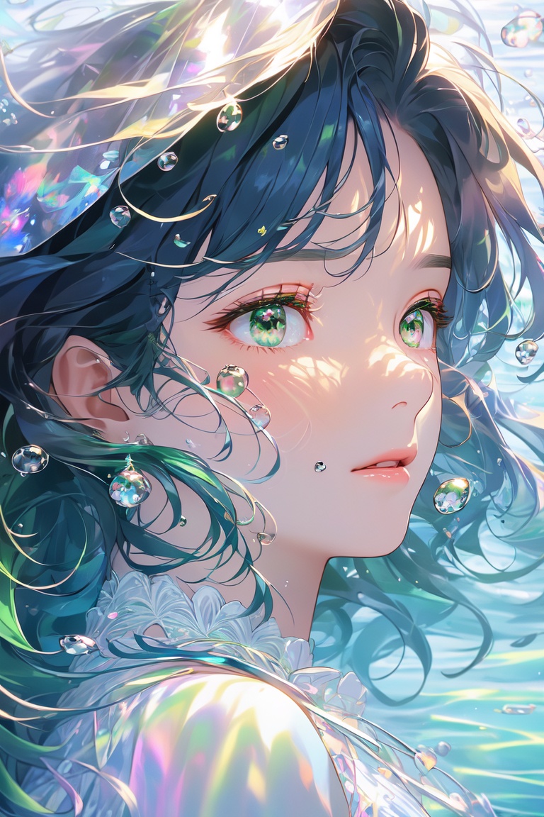 (((masterpiece))),((extremely detailed CG unity 8k wallpaper)),best quality,high resolution illustration,Amazing,highres,(best illumination, best shadow, an extremely delicate and beautiful),Colorful colors,mother of pearl iridescence,1girl,bubble,water,A woman,black long hair,pearl earrings,green skirt,blue projection,melancholic and mysterious emotions,front view,symmetrical face,Eastern minimalist style,beautiful lines,peaceful face,solid and clean background,<lora:digital_colorful-000013:0.9>,