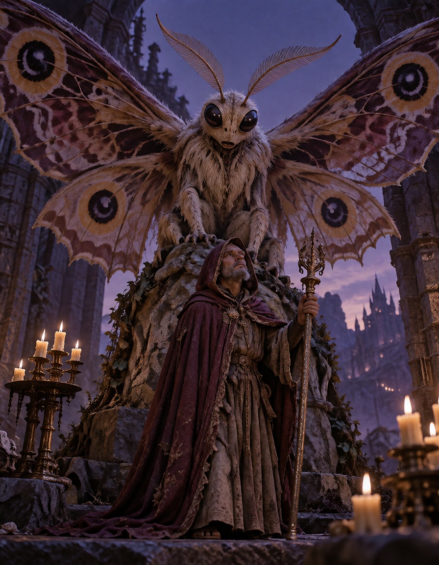 a huge moth-like oracle spreading patterned velvet wings above an ***** cloaked pilgrim,  articulated puppet with wire-sup...