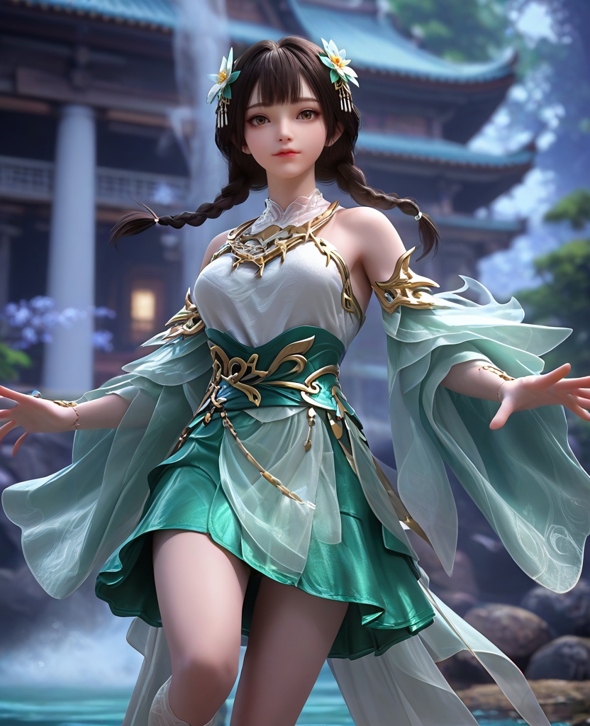 (oriental architecture, elegant decor, sophisticated style:1.1),surfing,bottom turn,(breasts:1.2),<lora:XL16完美世界梦回仙古麒麟少女:0.95>,miss qilin,solo,white bodice,green skirt,brown eyes,black hair,twin braids,hair ornament,choker,green sash,sheer fabric overskirt,detached sleeves,white socks,, zPDXL2, score_9, score_8_up, score_7_up BREAK realistic, masterpiece,best quality, highly detailed,, zPDXL3, zPDXL2,zPDXL, zPDXLxxx, zPDXLrl,