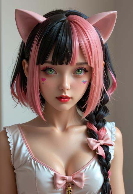 anime artwork Minko,  1girl, solo, long hair, breasts, bangs, black hair, bow, animal ears, cleavage, medium breasts, green eyes, upper body, pink hair, braid, hair bow, heart, multicolored hair, cat ears, blunt bangs, two-tone hair, lips, makeup, facial mark, lipstick, eyeshadow, personification, split-color hair, <lora:Minko:1> Minko <lora:Coll-Short-Hair:1> coll-short-hair . anime style, key visual, vibrant, studio anime,  highly detailed