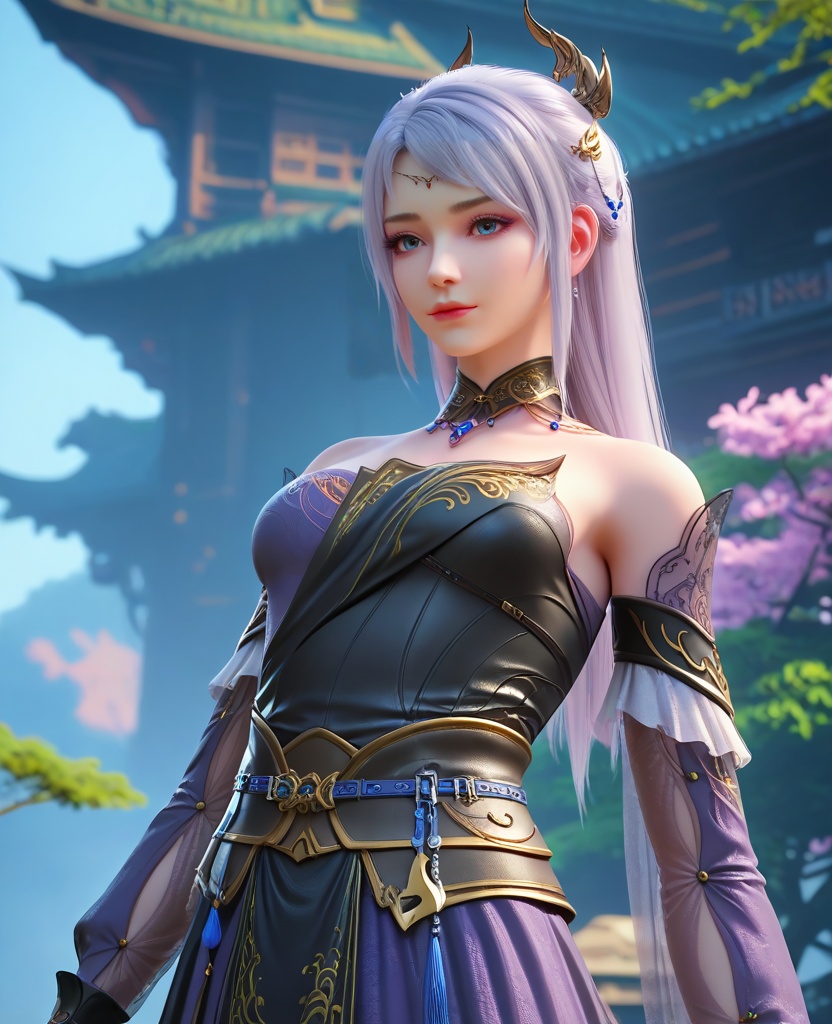 (oriental architecture, elegant decor, sophisticated style:1.1),Standing with one hand on the chest, looking proud,(breasts:1.2),pelvic curtain,<lora:XL16大主宰洛璃:0.95>,miss luoli,purple short dress paired with black peplum overskirt,blue eyes,white hair,long hair,half-up ponytail with long cascading hair,hair ornament,detached collar,sash,, zPDXL2, score_9, score_8_up, score_7_up BREAK realistic, masterpiece,best quality, highly detailed,, zPDXL3, zPDXL2,zPDXL, zPDXLxxx, zPDXLrl,