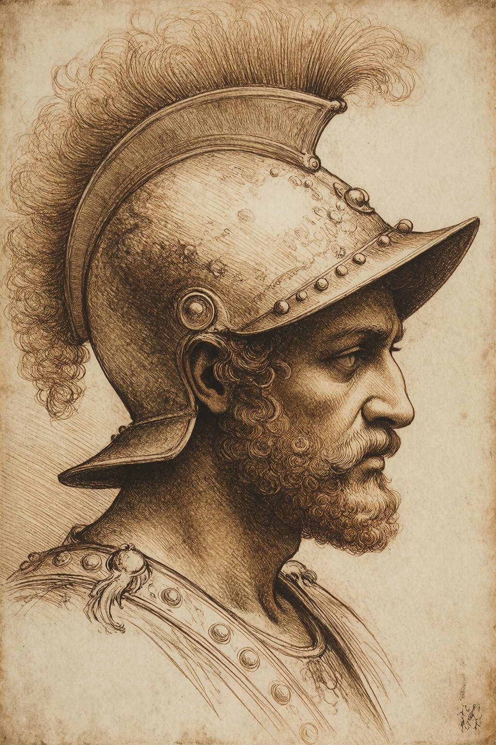 In the style of Leonardo da Vinci,  a study of a warrior's helmet in profile,  sepia ink with precise hatching on Tensor.Art