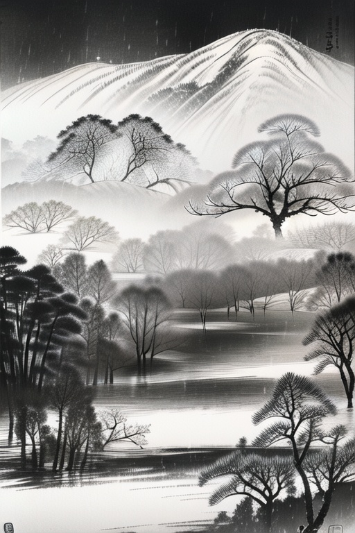 Rural brush painting, Landscape Ink Painting, greyscale, outdoors, tree, no humans, nature, scenery, snow, forest, mountain, winter, bare tree