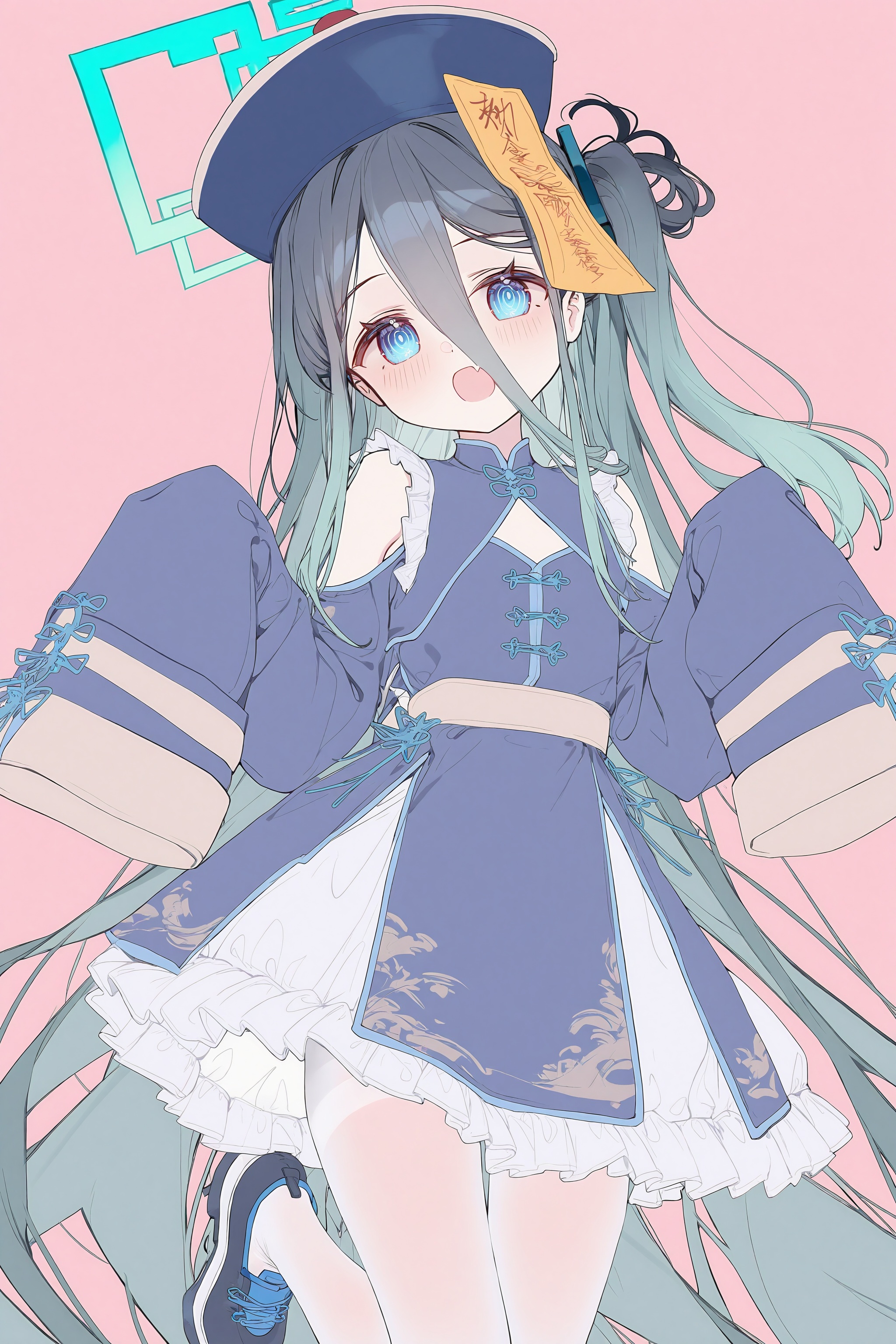 <lora:nai4.5zhengliu-ckxl0.2_v2:1>,high resolution,aesthetic,excellent,medium resolution,newest,year 2025,1girl,jiangshi costume,aris \(blue archive\),solo,long hair,ofuda,open mouth,halo,sleeves past wrists,blue eyes,jiangshi,sleeves past fingers,alternate costume,hat,qingdai guanmao,clothing cutout,looking at viewer,pantyhose,talisman,one side up,blush,simple background,black hair,very long hair,blue headwear,white pantyhose,fang,chinese clothes,hair between eyes,dress,green halo,frills,long sleeves,skin fang,shoulder cutout,pink background,shoes,bare shoulders,