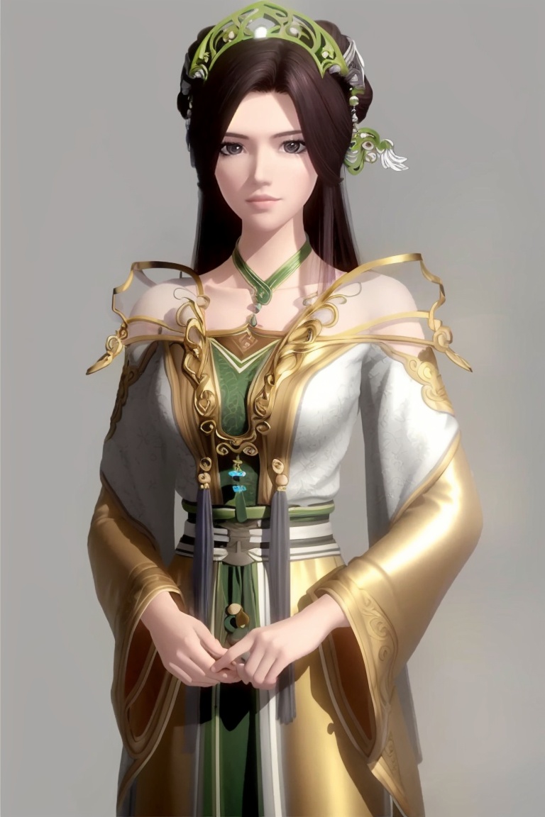 ((HRD, HUD, 8K)),((masterpiece, best quality)), highly detailed, soft light,1girl, solo, long hair, hair ornament, black hair, brown hair, brown eyes, lips,jewelry,dress, chinese clothes, bare shoulders, long sleeves, wide sleeves,simple background, grey background, cowboy shot, standing, looking at viewer,<lora:20240506-1714960445475:0.73>