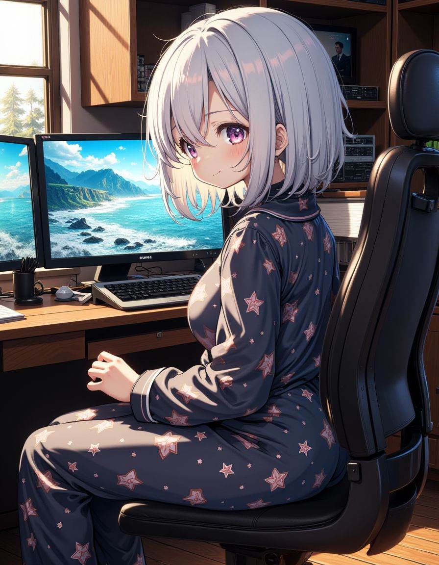 1girl sitting on chair in monitor room,  pajamas,  looking back on Tensor.Art