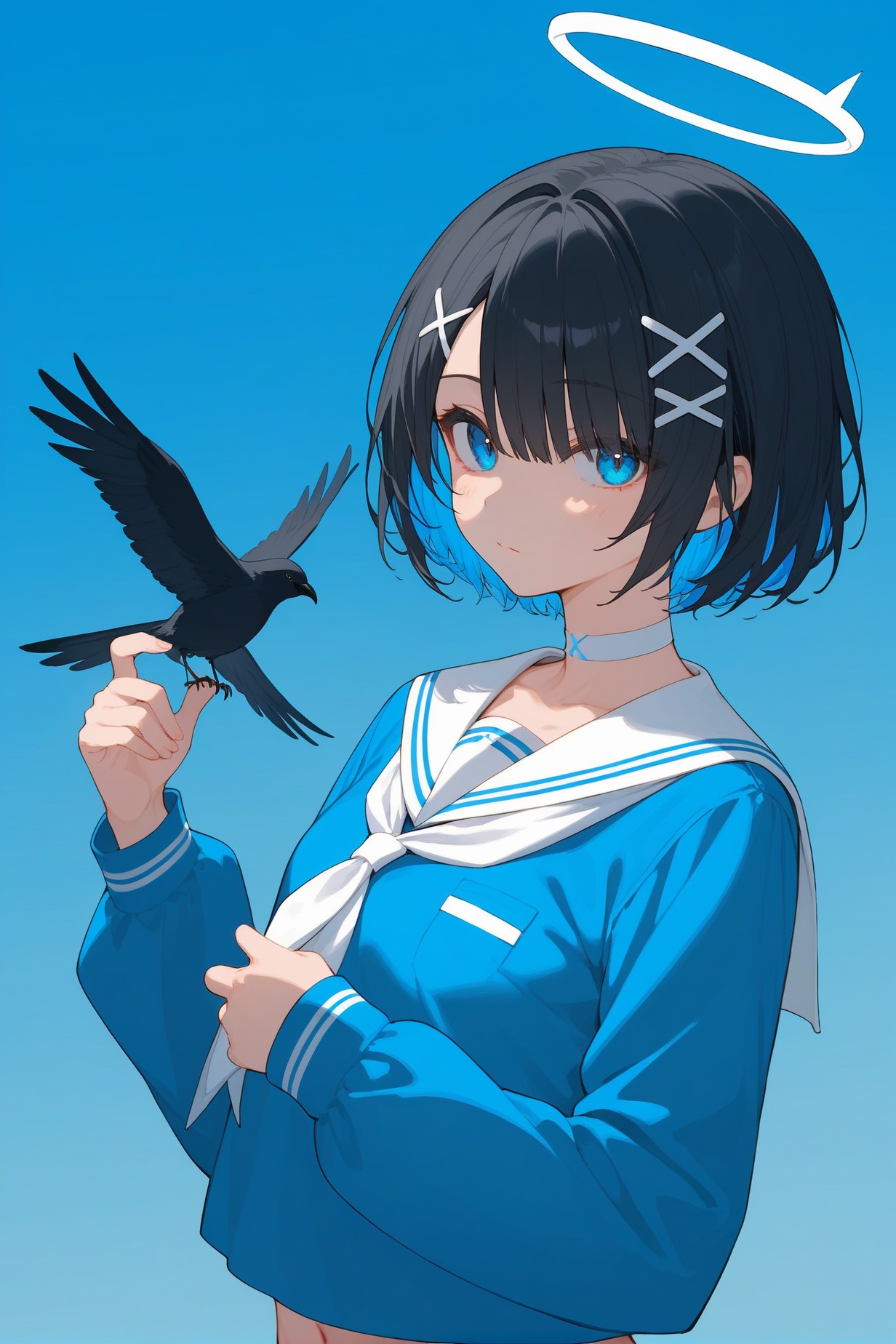 score_9,score_8_up,score_7_up,1girl,bird,halo,bottomless,solo,hair ornament,hair over one eye,sailor collar,navel,blue eyes,white sailor collar,black hair,shirt,gradient,long sleeves,multicolored hair,x hair ornament,school uniform,short hair,looking at viewer,gradient background,serafuku,white neckerchief,convenient censoring,closed mouth,holding,choker,blue background,colored inner hair,cowboy shot,bangs,blue shirt,neckerchief,white choker,crow,