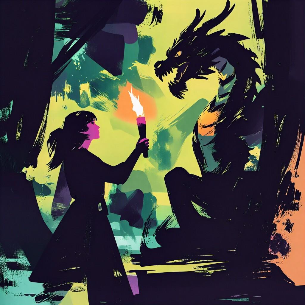 a woman holding a torch confronting a dragon in a dark forest on Tensor.Art