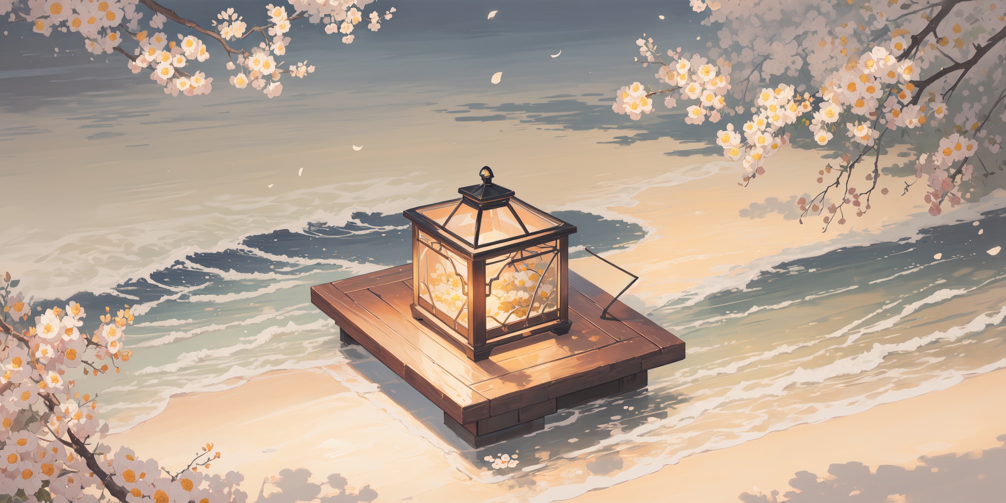 scenery,outdoors,beautiful detailed sky,beautiful detailed glow,best shadow,panorama,(Desert, Dunes, Twilight, Sand, Shadows, Colors, Silence, Serenity:1.3),(Beach, Bonfire, Midnight, Firelight, Waves, Relaxation:1.2),(Sakura trees, Hanami picnic, Cherry blossom petals, Traditional lanterns, Festive atmosphere, Sakura viewing:1.1),(masterpiece, best quality, beautiful and aesthetic:1.3),extremely detailed CG,ultra-detailed,beautiful concept illustration,illustration,extremely fine and beautiful,perfect details,<lora:YOUHUA:1>,oil painting \(medium\),