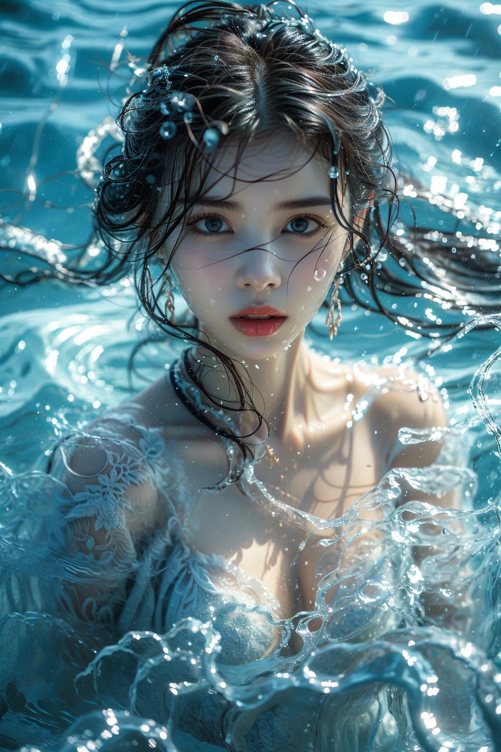 1girl, solo, long hair, looking at viewer, blue eyes, dress, water, white dress, floating hair, lips, upper body, realistic, brown hair, red lips, black hair, blurry, breasts, parted lips, bare shoulders, jewelry, collarbone, underwater<lora:HTTP_20240115220048-000006:1>