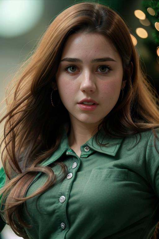 close up of a young woman at the christmas party,  ,  wearing a green button up shirt on Tensor.Art