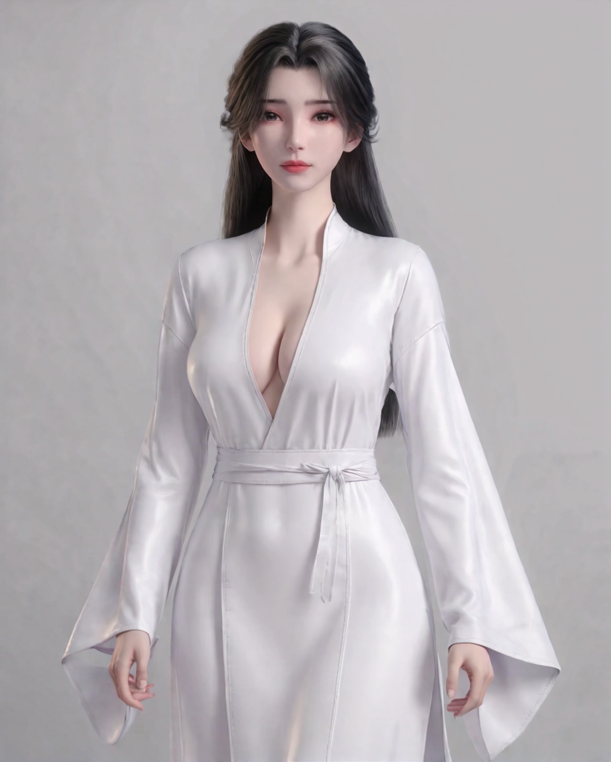 <lora:SF_LiMuWanWhite_Pony_Realism-000003:0.7>,long hair,white clothes,1girl,large breasts,standing,wide sleeves,solo,looking at viewer,simple background,portrait,