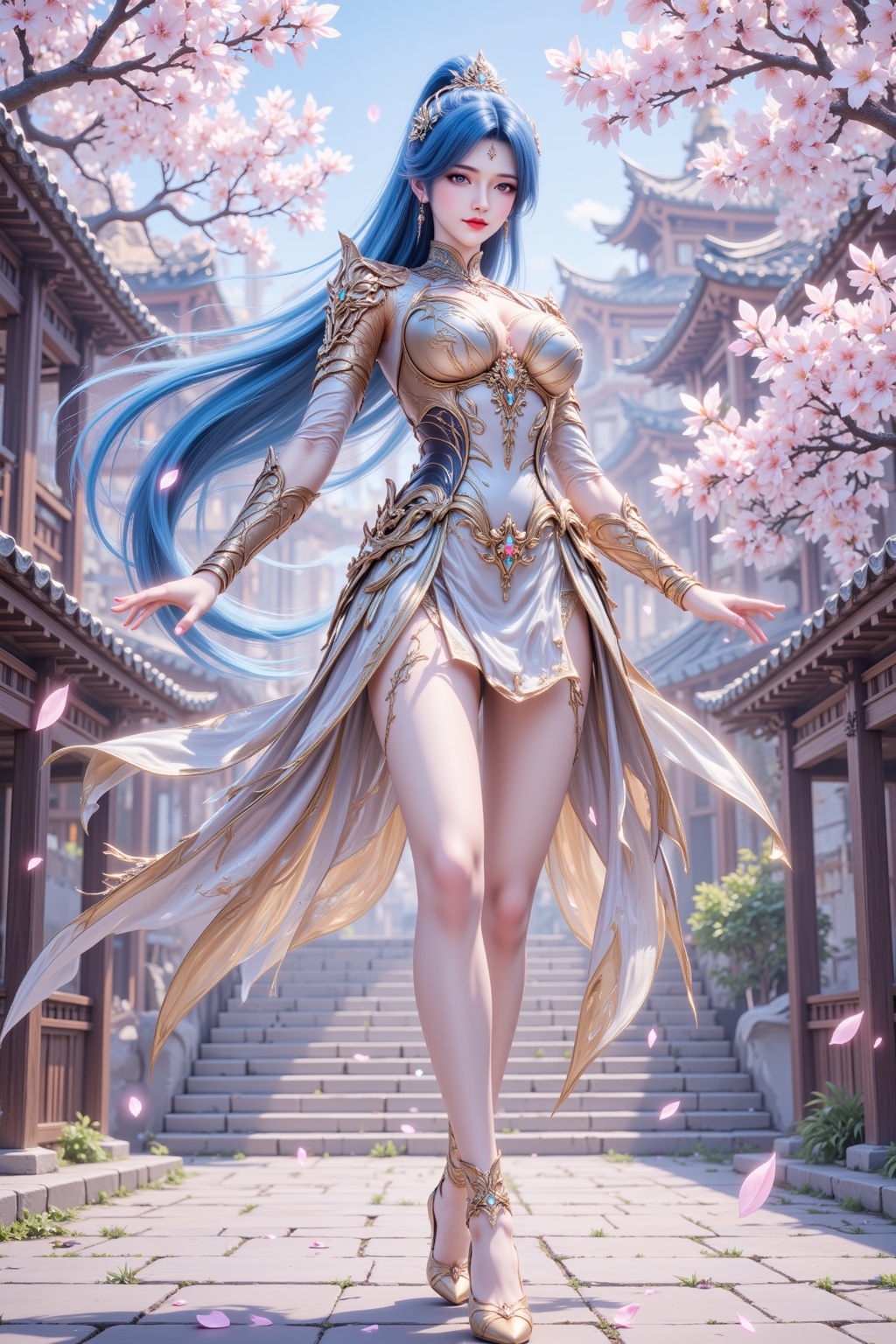 <lora:绚丽多彩·优化9:0.8>,lvjing,1girl,long hair,solo,breasts,blue hair,full body,outdoors,jewelry,architecture,hair ornament,dress,flower,ponytail,blue eyes,east asian architecture,stairs,standing,building,earrings,cherry blossoms,falling petals,petals,high heels,tree,parted lips,looking at viewer,sky,plant,bare legs,35,