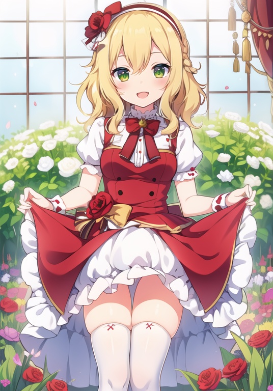 (best quality), ((masterpiece)), (highres), illustration, original, extremely detailed wallpaper.  <lora:cutegirl-000008:0.7>1girl, sakurai momoka, solo, blonde hair, green eyes, smile, thighhighs, open mouth, dress, petals, white thighhighs, looking at viewer, short hair, blush, flower, hairband, hair ornament, braid, hair flower, :d