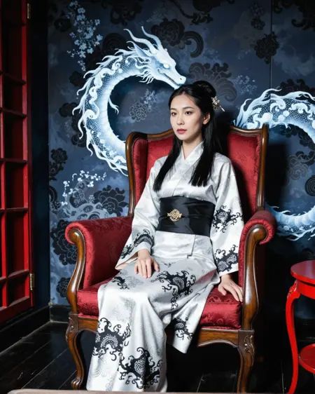 Dreamscape chinese woman in intricate kimono dragon pattern, on chair at pavillonpale white perfect skin, long black hair,  <lora:ILXL_Realism_Slider_v1 by klaabu @ civitai.com - thanks, cunt!:1> . Surreal, ethereal, dreamy, mysterious, fantasy, highly detailed
