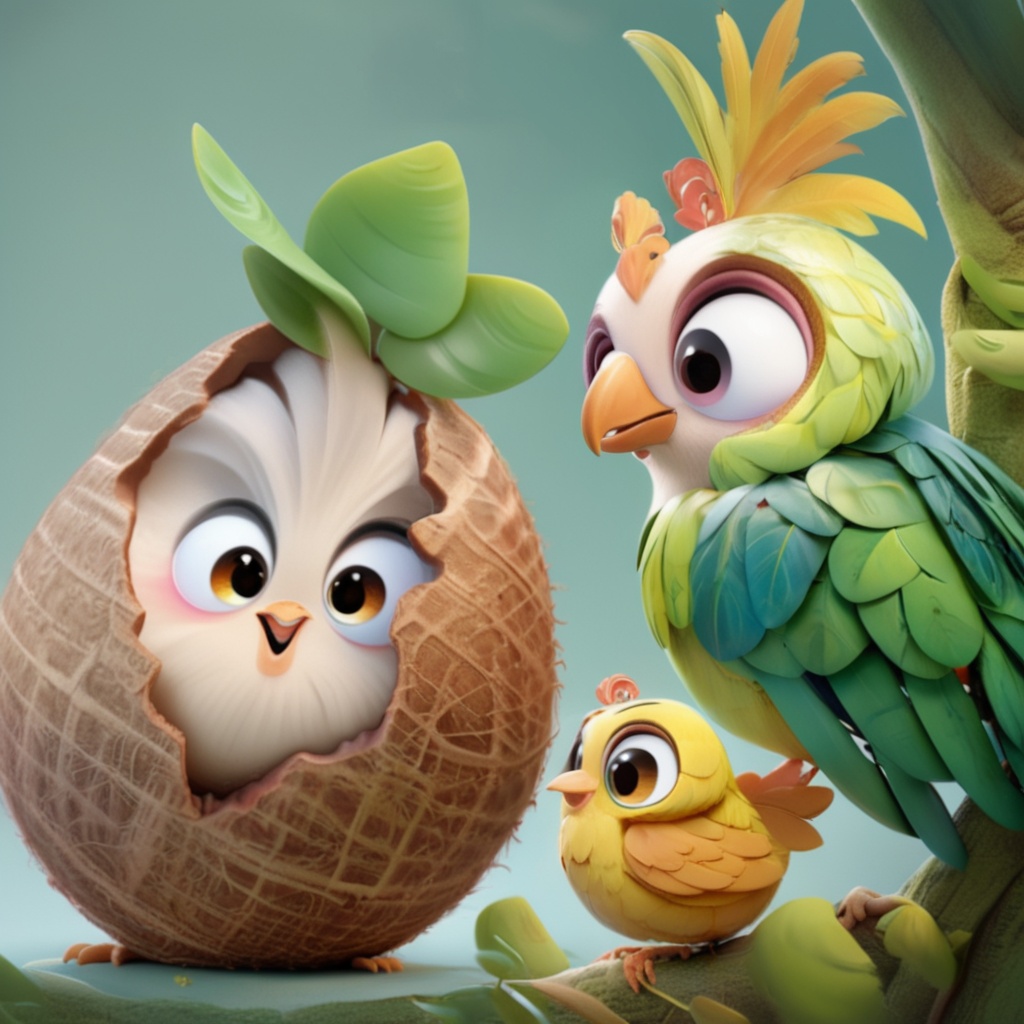 Coconut chicken,The image showcases two vibrant and animated Chickens. On the left, there's a bird hatching from a woven egg, with its eyes wide open and a curious expression. The egg has a brownish-brown shell with a pattern resembling a waffle. On the right, there's a larger bird with a mix of yellow, green, and pink feathers. It has a colorful crest on its head and a playful expression. Both Chickens are surrounded by green foliage, suggesting they might be in a forest or a garden.<lora:YZJ 3.0-000004:1>