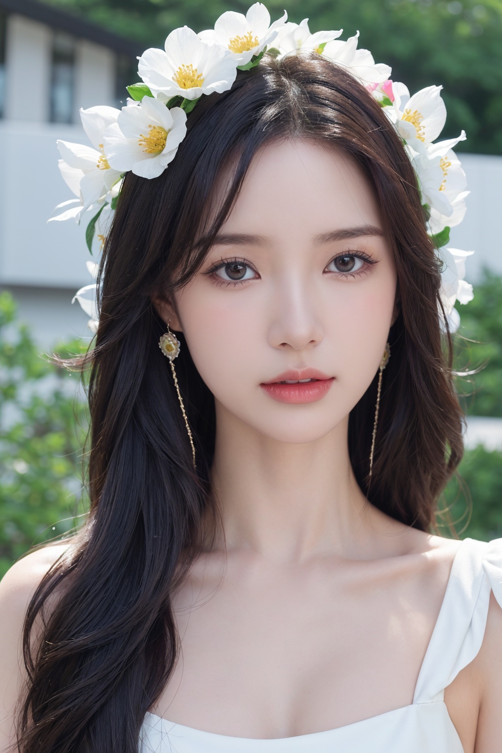 1girl, solo,(front view:1.2),(looking_at_viewer:1.4),(eye-contact:1.4),,black hair, long hair, jewelry, realistic, earrings, hair ornament, black eyes, lips, collarbone, parted lips, flower, watermark, upper body, portrait, hair flower, dress, web address,  <lora:YG红颜阁美女17:0.85>,