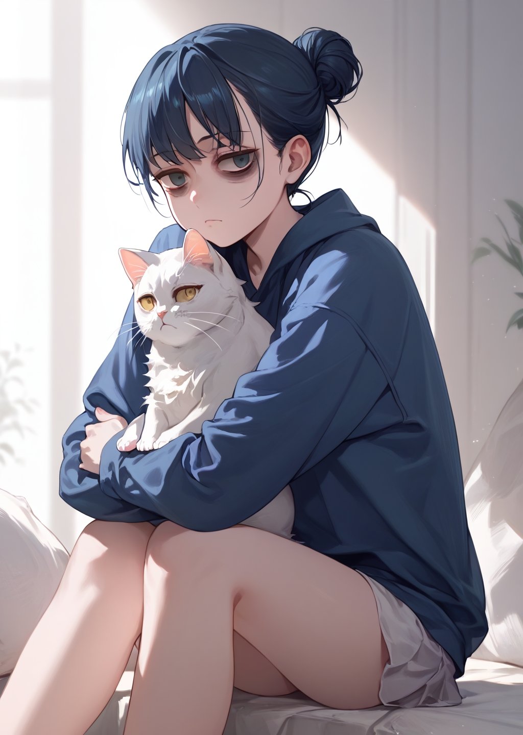 score_9,score_8_up,score_7_up,score_6_up,source_anime,masterpiece,best quality,ultra-detailed,very aesthetic,absurdres,young girl,skinny,looking at viewer,sitting,bags under eyes,tired,hair bun,hug cat,