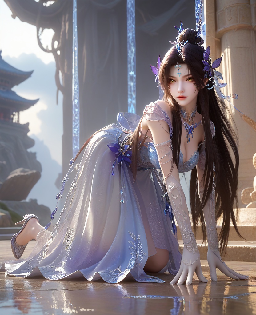 (oriental architecture, elegant decor, sophisticated style:1.1),(all fours, elbows resting on the ground,:1.1),Medium close-up,(large breasts:1.2),shoes,<lora:XL16云深不知梦羲和四象归一:0.95>,miss xihe,blue-violet to white ombre gown,yellow eyes,forehead pendan,black hair,traditional chinese updo with long front strands,absurdly long hair,hair ornament,jewelry,elbow gloves,butterfly embellishments,crystal gown hemline,, score_9,score_8_up,score_7_up,score_6_up,score_5_up,score_4_up,3d rendering,tag1,tag2, Cinematic Lighting,backlighting,