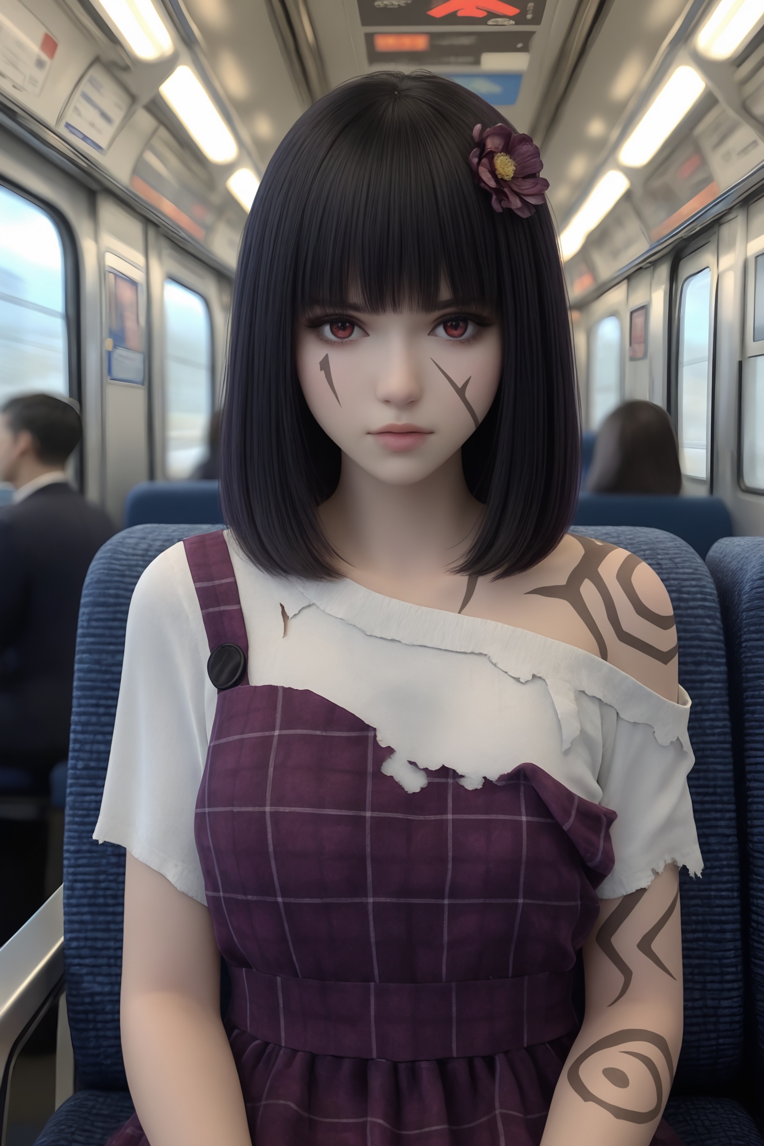 solo,1girl,solo focus,(perfect_anatomy:1.1),(upper_body:1.2),(portrait:1.1),sitting,(train_interior:1.1),(blurry_background:1.2),looking at viewer,<lora:暗界神使-阿璃-ILL:0.7>,straight,shoulder-length black hair,bangs,dark pink hair flower,torn,off-shoulder,purple plaid dress,white undershirt,swirling tattoos,