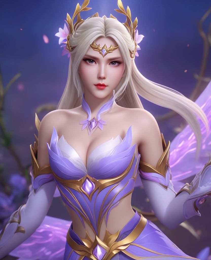 <lora:572-DA-XL-斗罗大陆-千仞雪:1>(,1girl, ,best quality, ),looking at viewer,  ,ultra detailed background,ultra detailed background,ultra realistic 8k cg,, ,masterpiece, (( , )),, , , spirit blossom \(league of legends\),   ,   (cleavage), (), ,,