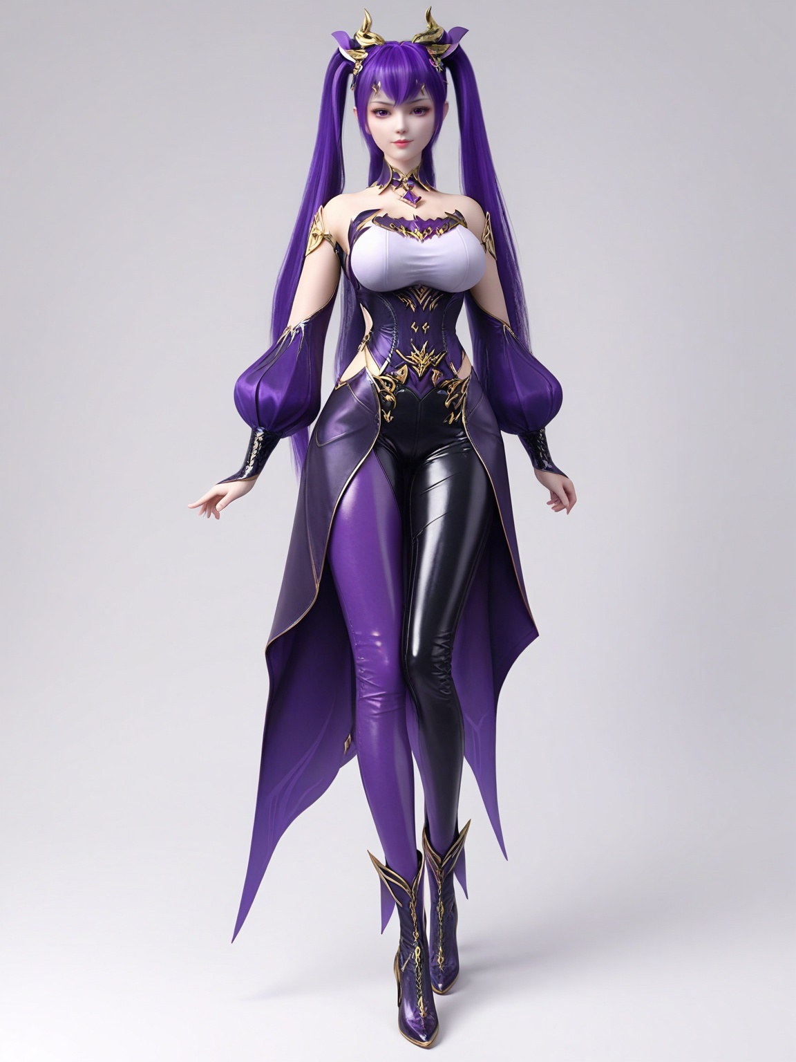score_9,<lora:SF_ZiYan_Da_Pony_Realism2.3-000003:0.7>,1girl,solo,dress,bangs,purple hair,twintails,leather pants,large breasts,multicolored pants,full body,detached sleeves,hair ornament,standing,looking at viewer,white background,