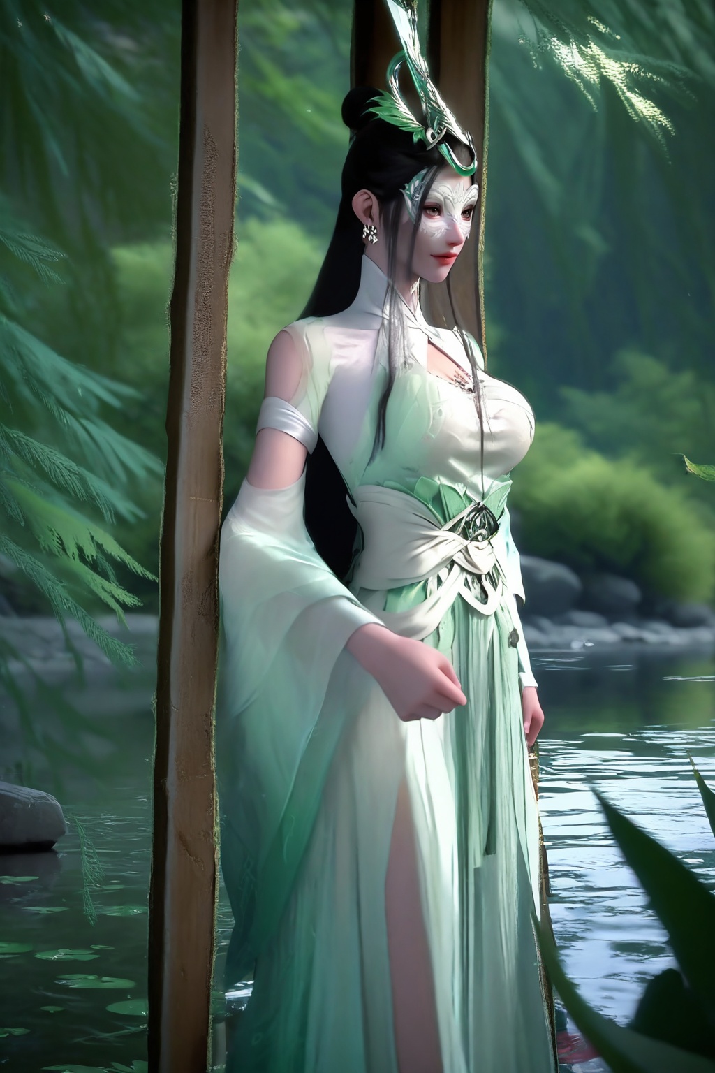 (Seated on a swing in a moonlit garden, she gently pushes herself, a serene smile upon her lips:1.2),<lora:XL16神国之上陆嫁嫁:1.05>,miss lujiajia,(domino mask:1.2),mint green chinese clothes of sheer chiffon,brown eyes,black hair,single hair bun with long front strands,very long hair,hair ornament,jewelry,sash,wide flowing sleeves,(large breasts:1.2),bamboo forest,water,river,stone,, score_9,score_8_up,score_7_up,score_6_up,score_5_up,score_4_up,3d rendering,tag1,tag2, Cinematic Lighting,backlighting,