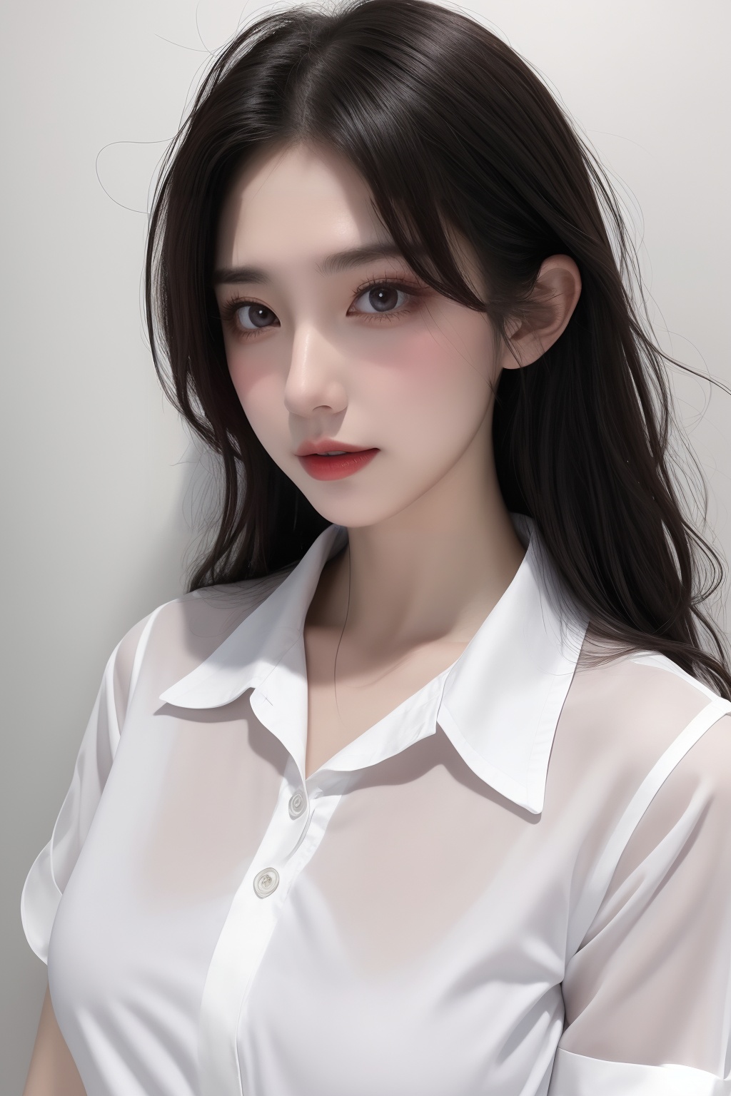 1girl, black hair, bra, bra visible through clothes, breasts, brown eyes, collared shirt, large breasts, lips, long hair, looking at viewer, nose, photorealistic, realistic, see-through, shirt, short sleeves, solo, underwear, upper body, wet clothes, wet shirt, white shirt, wing collar <lora:美女:0.8>
