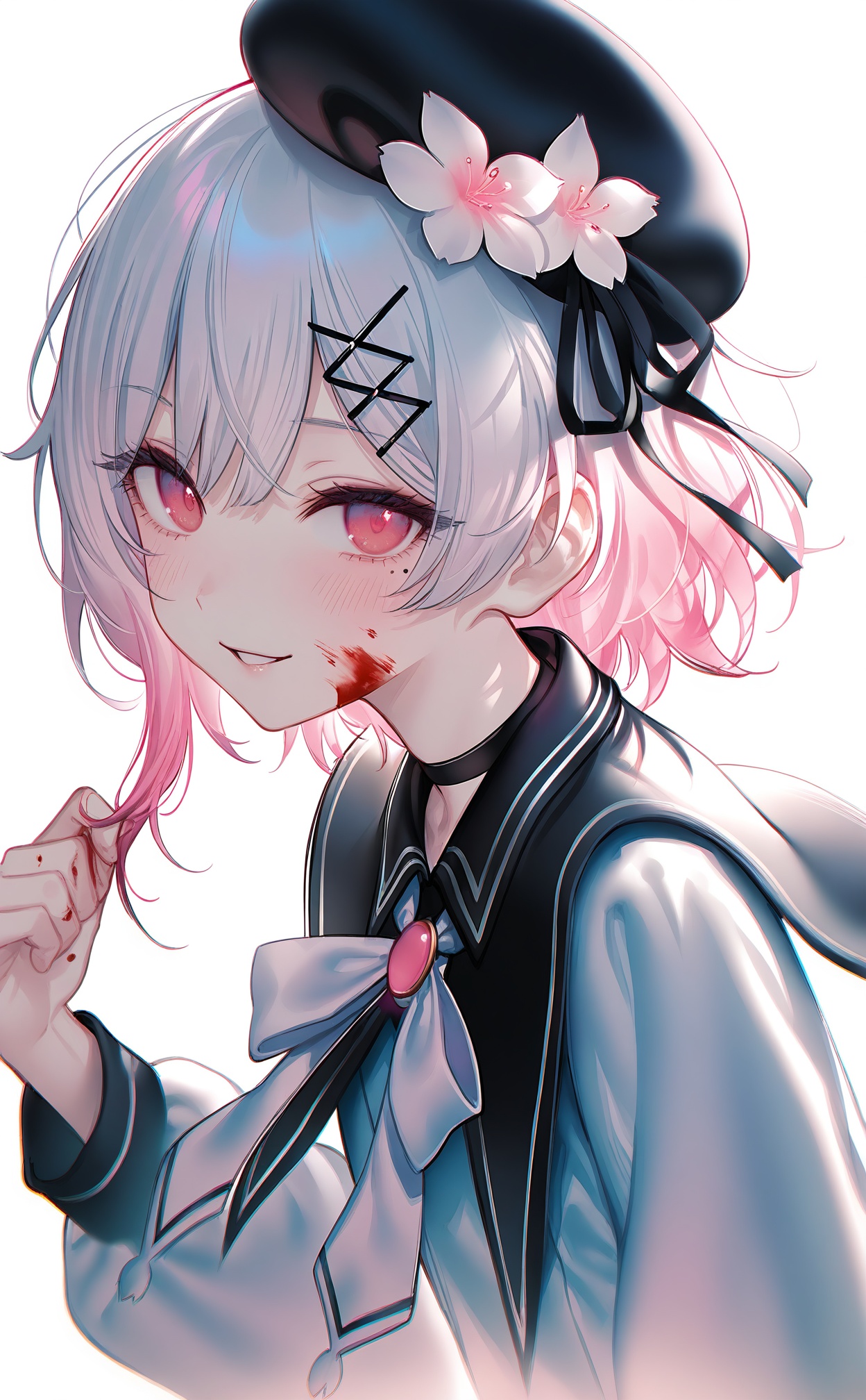 masterpiece,absurdres,best quality,loli,petite,high quality,//,sakuraba_ema,flower,1girl,solo,hat,beret,sailor_collar,long_sleeves,smile,hair_ornament,hair_flower,white_flower,shirt,black_headwear,white_background,upper_body,red_eyes,puffy_long_sleeves,looking_at_viewer,x_hair_ornament,ribbon,white_shirt,black_sailor_collar,blood_on_face,pink_eyes,school_uniform,pink_hair,hat_flower,hand_up,parted_lips,black_ribbon,hair_between_eyes,simple_background,collared_shirt,multicolored_hair,virtual_youtuber,puffy_sleeves,blush,blood,gradient_hair,bruise,medium_hair,serafuku,signature,mole_under_eye,//,photorealistic,Artist:na-ga,(quasarcake:0.2),(wanke:0.9),[Artist:chen bin],Artist:tidsean,[Artist:sk (askzy)],(artist:tokkyu:0.5),(artist:momoko \(momopoco\):0.5),himitsu_(hi_mi_tsu_2),//,<lora:sakuraba_ema——【noob】hans:0.8>,<lora:nyalia4——【noob】hans:0.4>,<lora:nai4zhengliu3——【noob】hans:0.4>,<lora:MAQ1118——【noob】hans:0.4>,